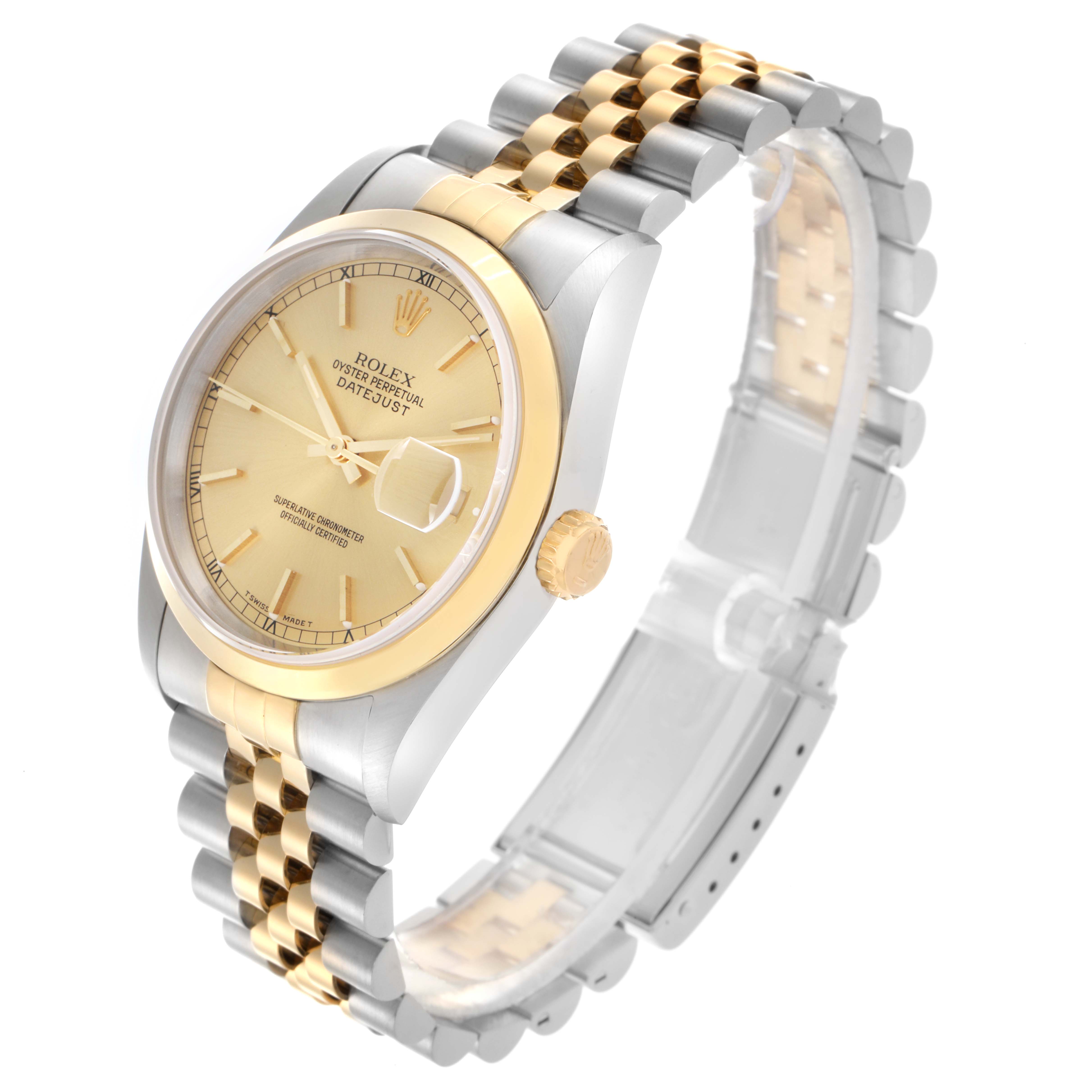 The Rolex Datejust 16203 Men's Steel and Gold (two tone) Champagne Dial 16203 Men's Steel and Gold (two tone) Champagne Dial watch is shown at an angled view, highlighting the gold dial, bezel, crown, and Jubilee bracelet.