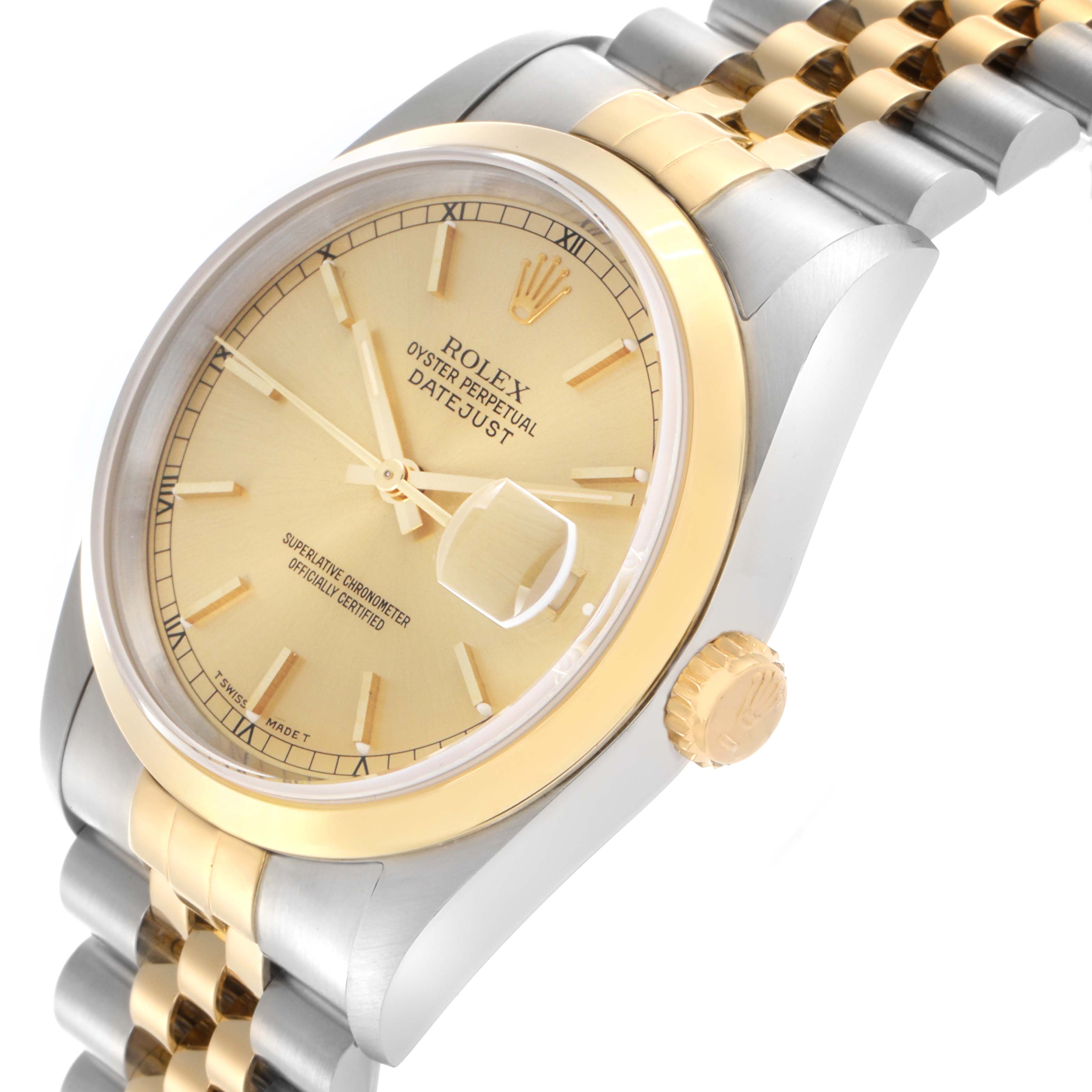 The Rolex Datejust 16203 Men's Steel and Gold (two tone) Champagne Dial 16203 Men's Steel and Gold (two tone) Champagne Dial watch is shown at an angled close-up, highlighting the dial, bezel, crown, and part of the Jubilee bracelet.