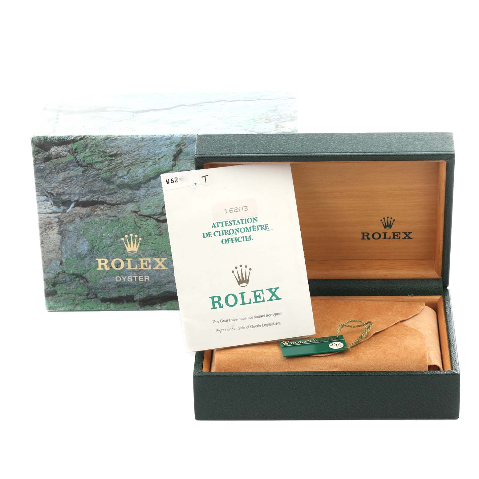 The image shows a Rolex Datejust 16203 Men's Steel and Gold (two tone) Champagne Dial 16203 Men's Steel and Gold (two tone) Champagne Dial box and certificate from a top-front angle, with the inner packaging and document visible.