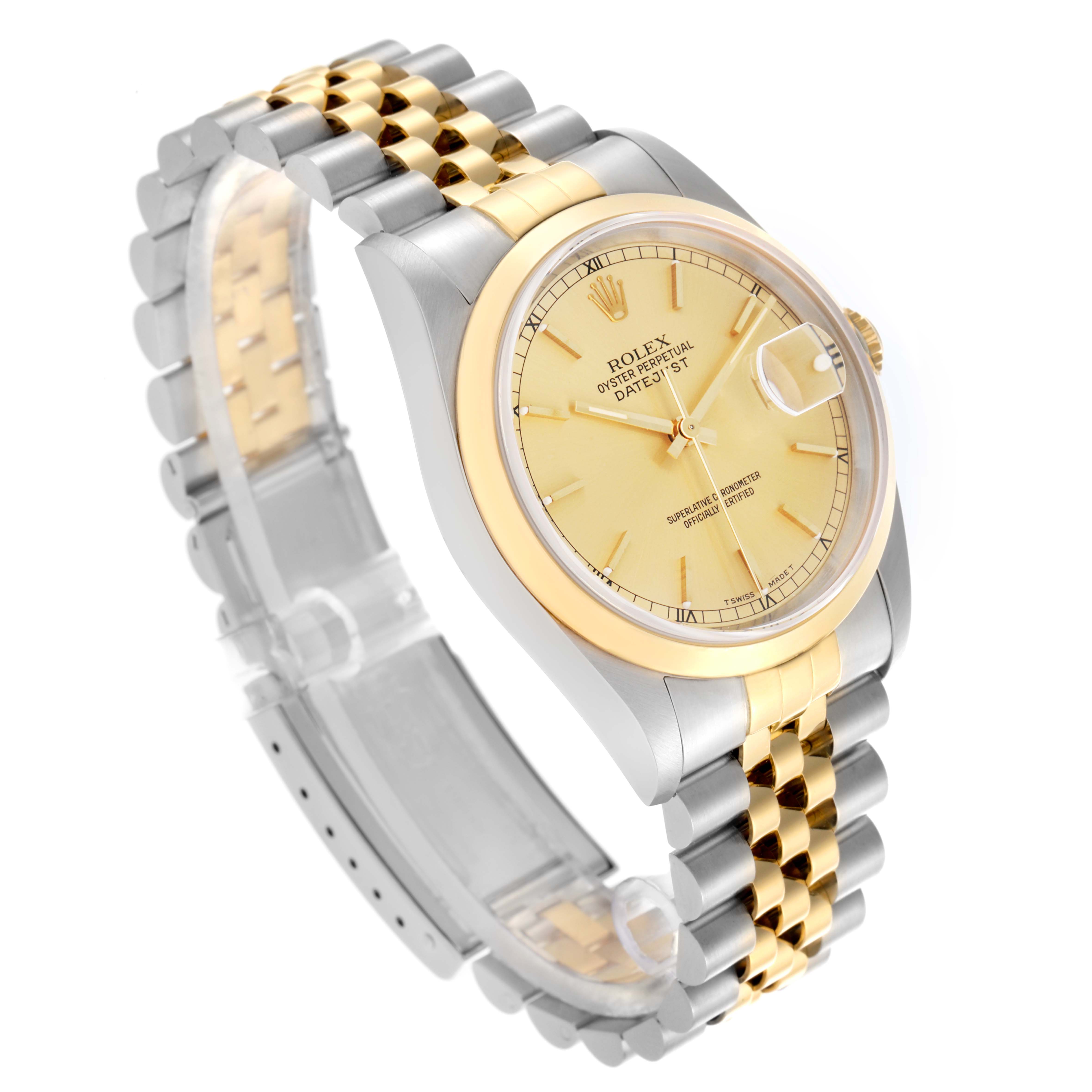 The Rolex Datejust 16203 Men's Steel and Gold (two tone) Champagne Dial 16203 Men's Steel and Gold (two tone) Champagne Dial watch is shown at an angled view highlighting the case, dial, Roman numeral markers, and two-tone bracelet.
