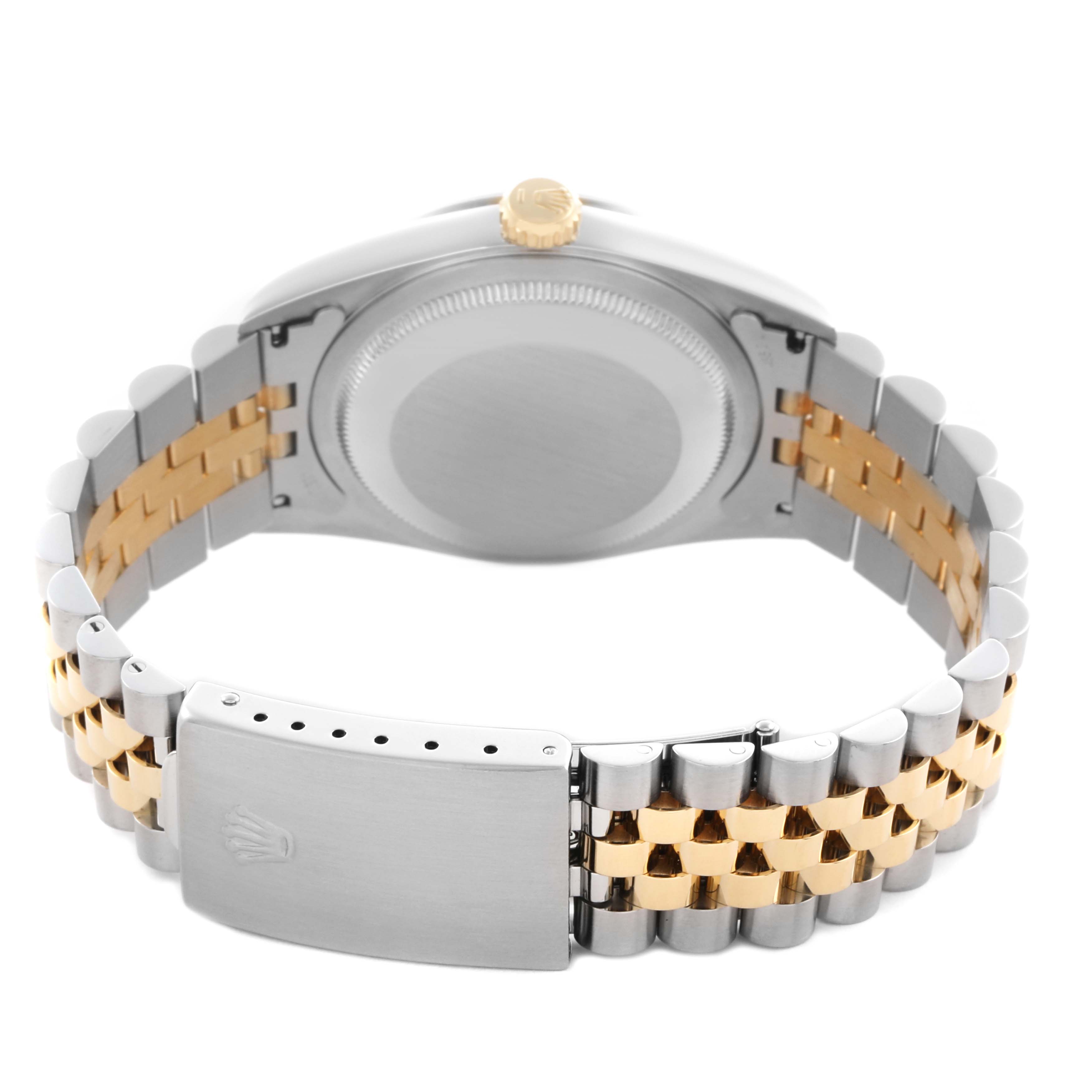 The image shows the back of a Rolex Datejust 16203 Men's Steel and Gold (two tone) Champagne Dial 16203 Men's Steel and Gold (two tone) Champagne Dial, focusing on the case back, crown, and two-tone Jubilee bracelet.