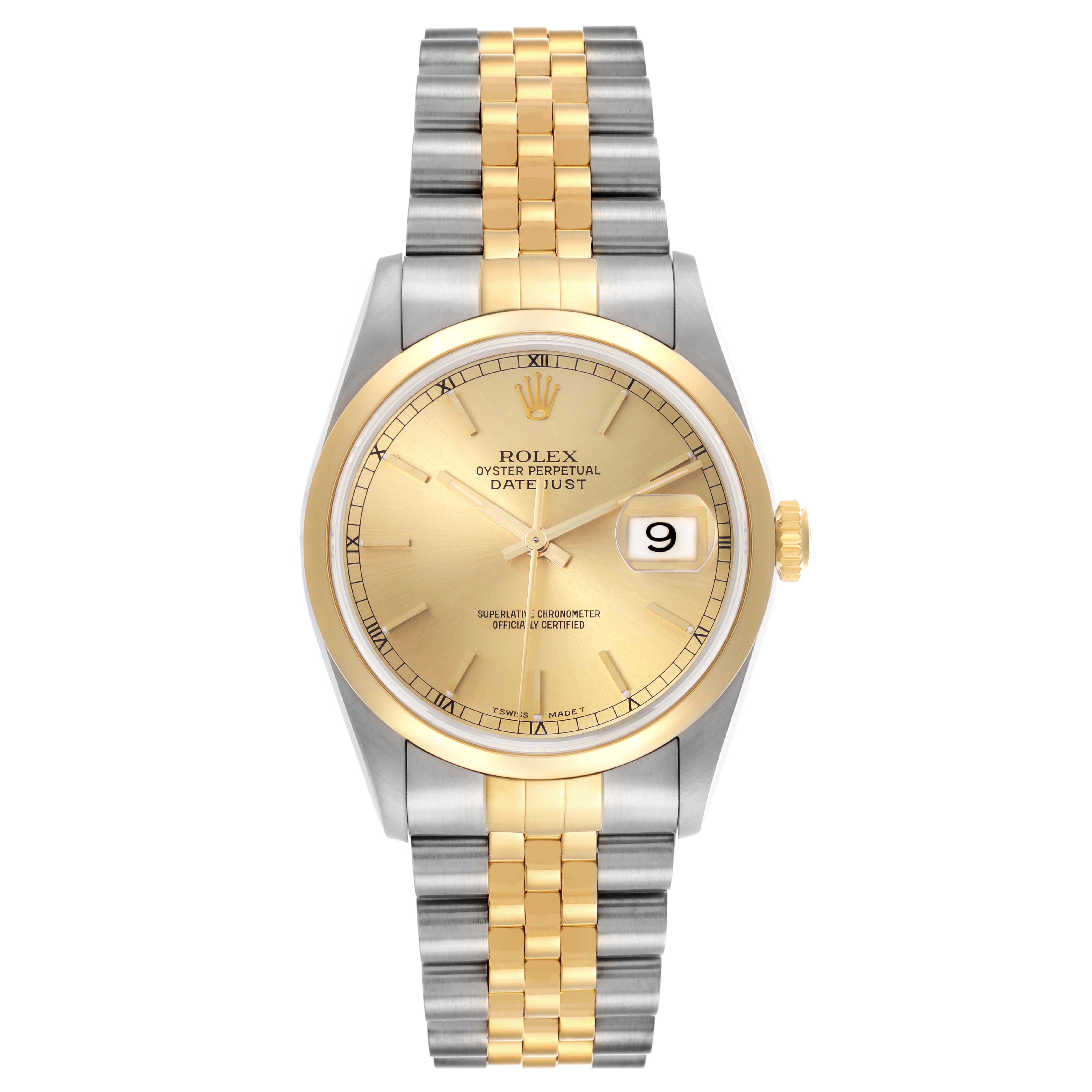 The Rolex Datejust 16203 Men's Steel and Gold (two tone) Champagne Dial 16203 Men's Steel and Gold (two tone) Champagne Dial watch is shown from the front, displaying the dial, bezel, and bracelet.