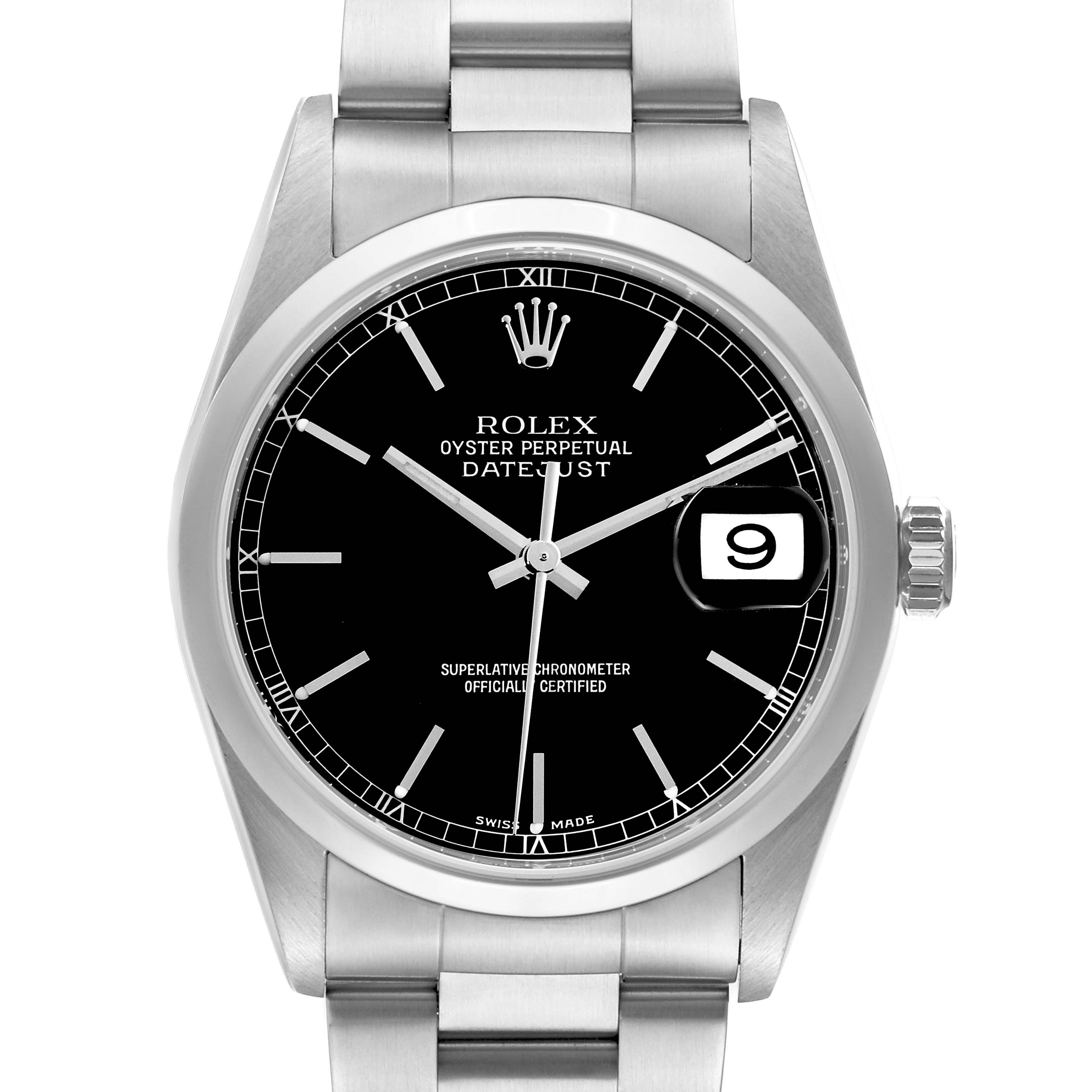 This image shows a front view of the Rolex Datejust 16200 Men's Stainless Steel Black Dial 16200 Men's Stainless Steel Black Dial watch, highlighting the black dial, date window, and stainless steel bracelet.