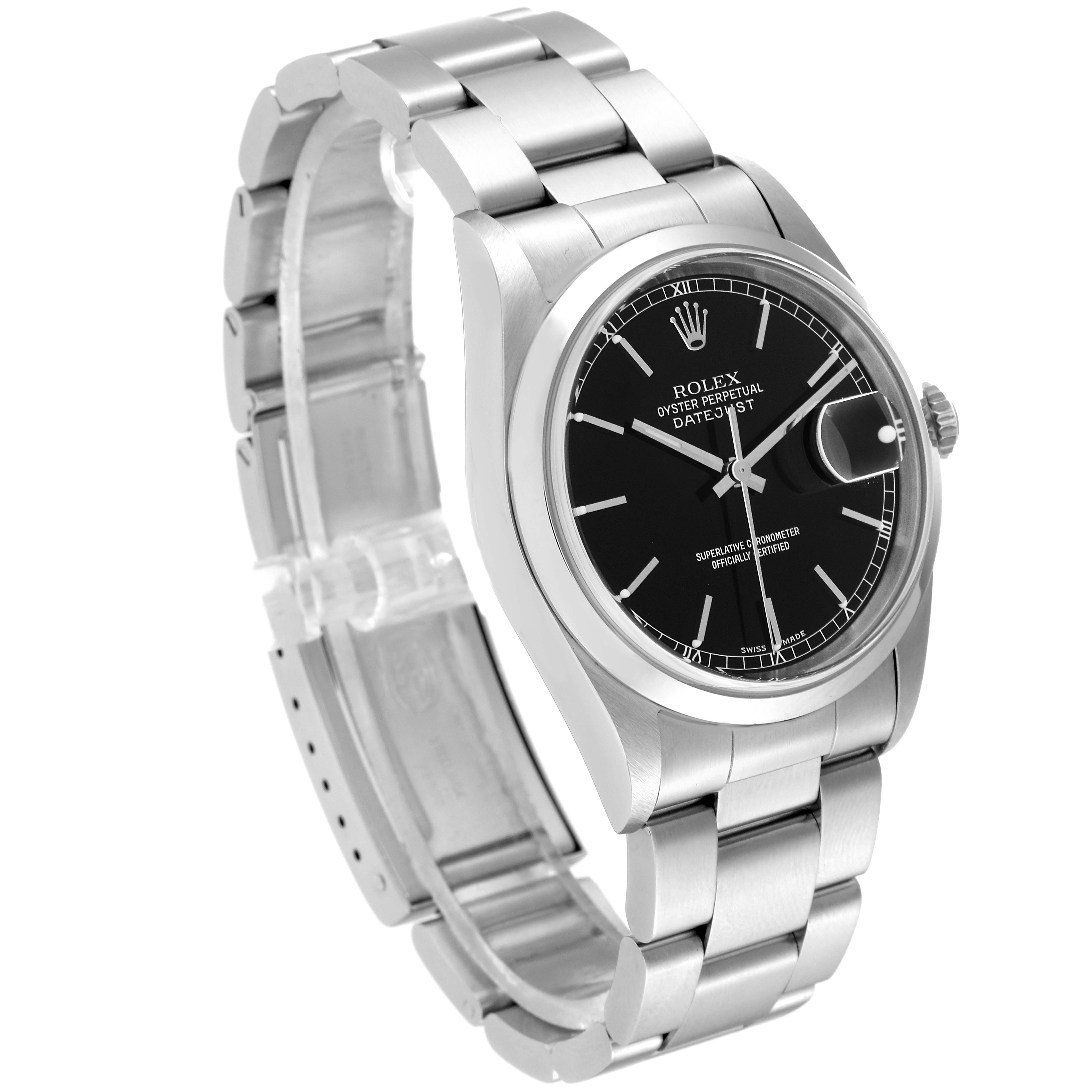 The Rolex Datejust 16200 Men's Stainless Steel Black Dial 16200 Men's Stainless Steel Black Dial watch is shown at an angle displaying its black dial, stainless steel bracelet, and date magnifier.