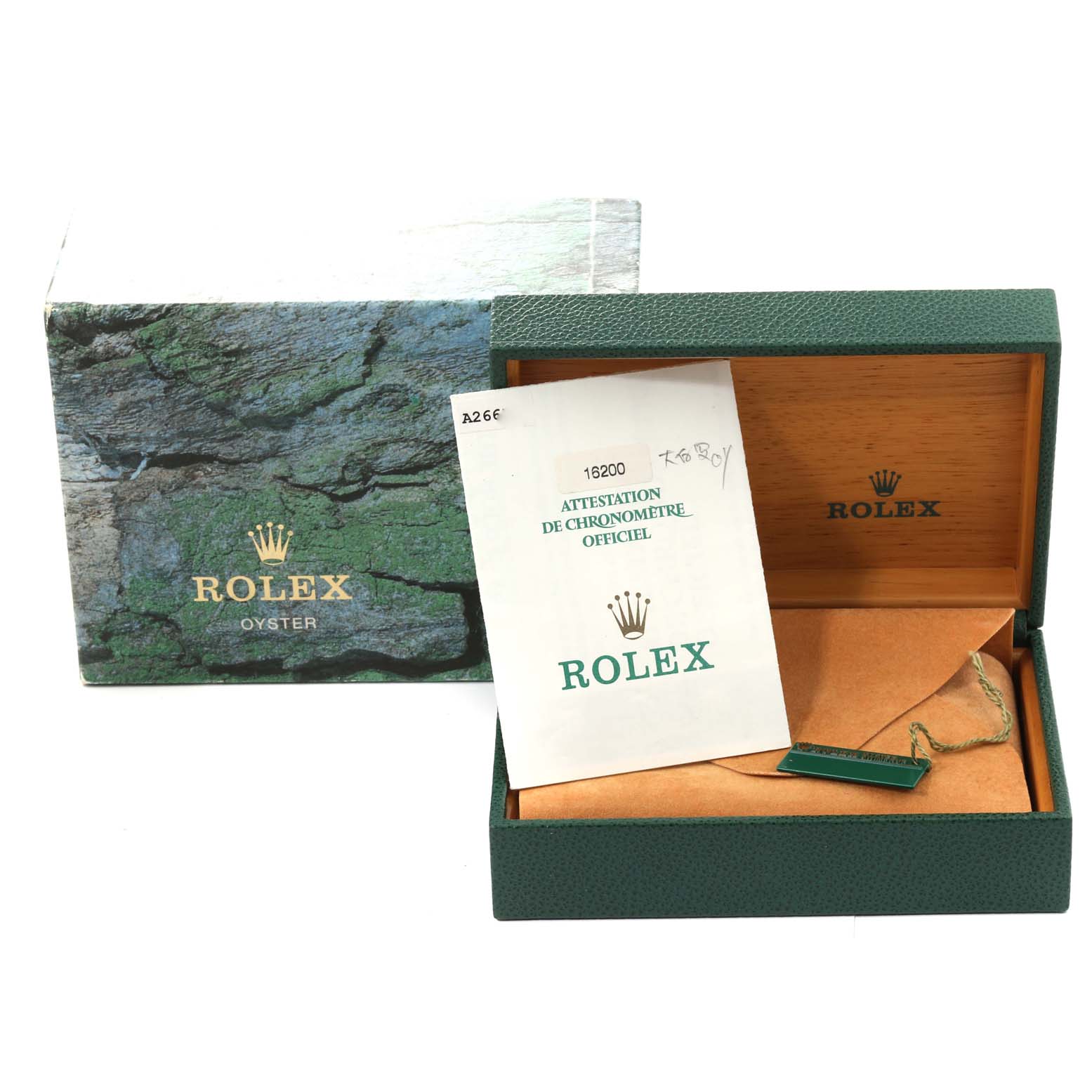 The image shows the Rolex Datejust 16200 Men's Stainless Steel Black Dial 16200 Men's Stainless Steel Black Dial box, warranty booklet, and accessories from a frontal angle.