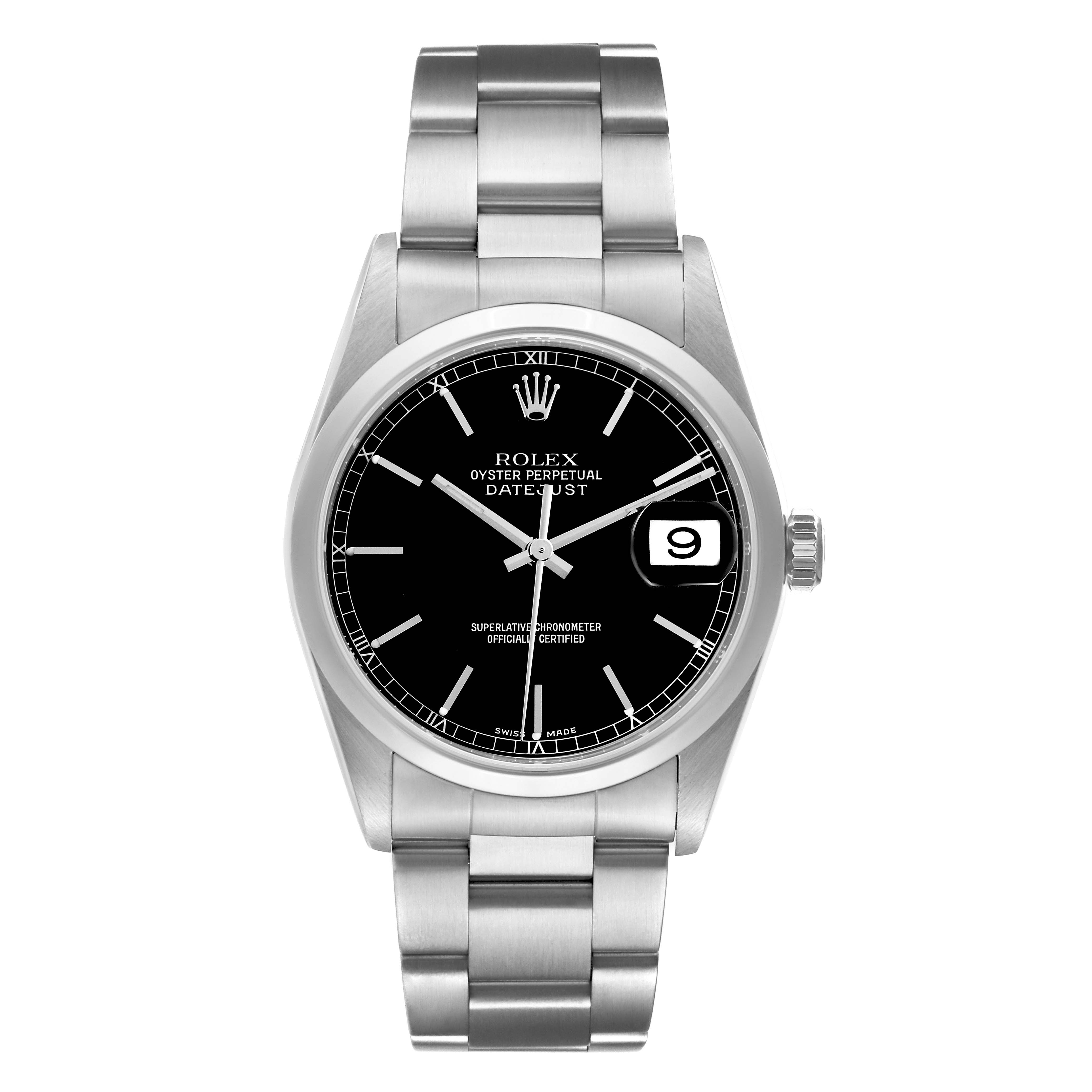 The image shows a front view of the Rolex Datejust 16200 Men's Stainless Steel Black Dial 16200 Men's Stainless Steel Black Dial watch with a black dial and stainless steel bracelet.