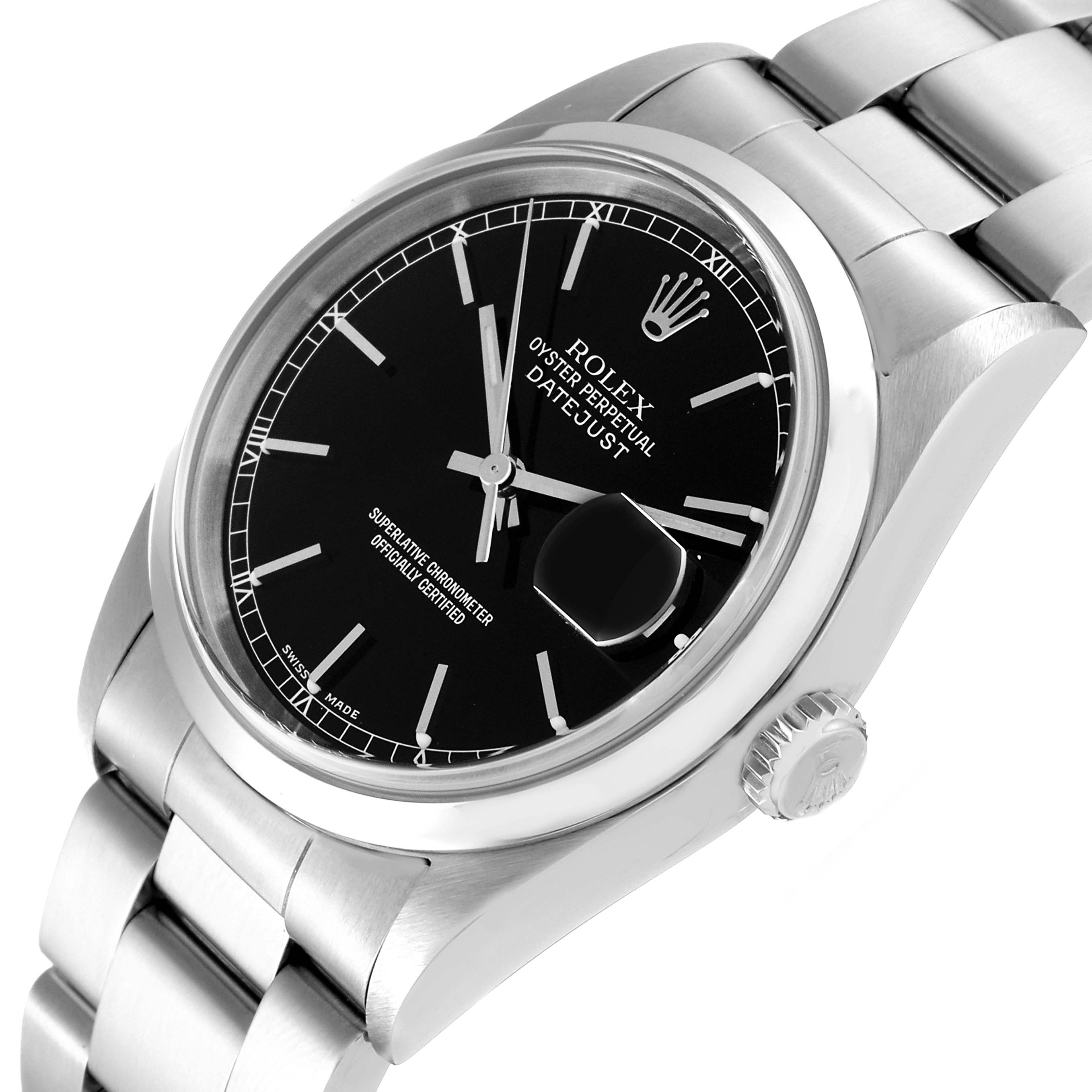 The image shows a close-up, angled view of the Rolex Datejust 16200 Men's Stainless Steel Black Dial 16200 Men's Stainless Steel Black Dial watch, highlighting the dial, case, and part of the bracelet.