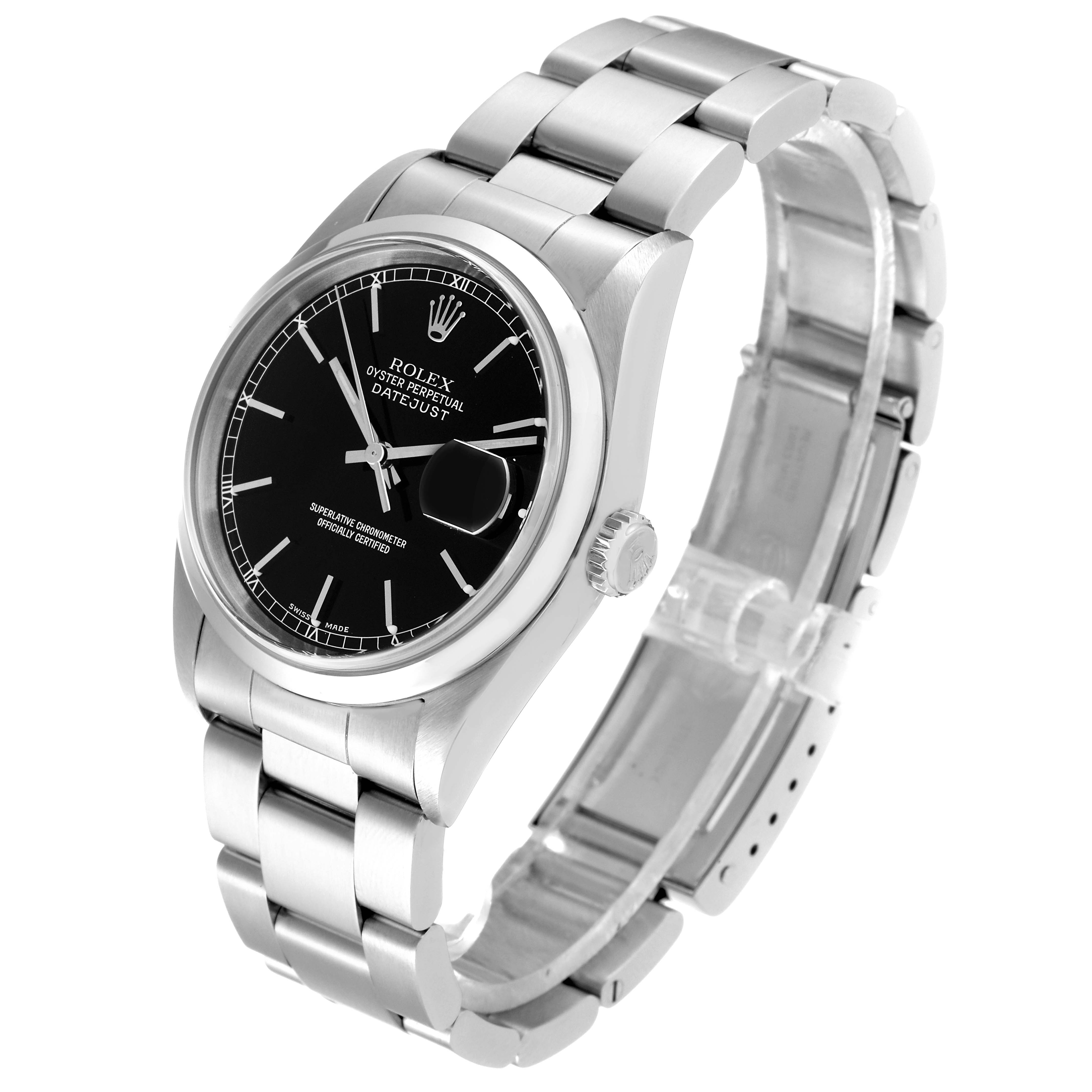 The Rolex Datejust 16200 Men's Stainless Steel Black Dial 16200 Men's Stainless Steel Black Dial watch is shown at a three-quarter angle displaying the face, bracelet, and crown.