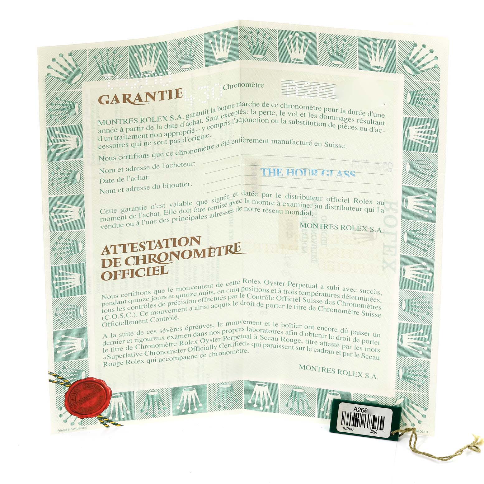 This image shows the warranty card and chronometer certification for a Rolex Datejust 16200 Men's Stainless Steel Black Dial 16200 Men's Stainless Steel Black Dial watch.