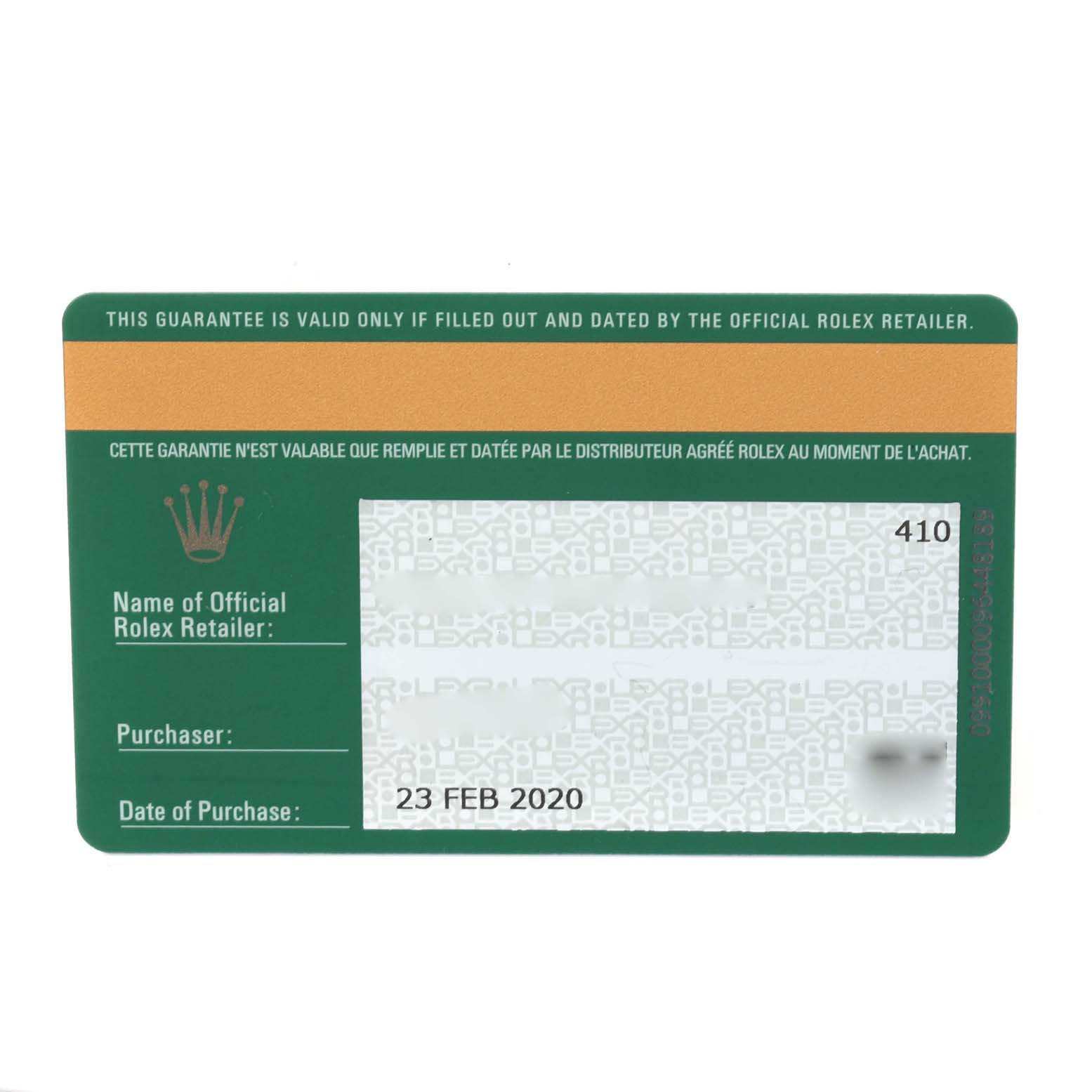 This image shows a guarantee card for the Rolex Datejust 41 126334 Men
s Stainless Steel Grey Dial 126334 Men
s Stainless Steel Grey Dial model, including fields for retailer, purchaser, and purchase date.