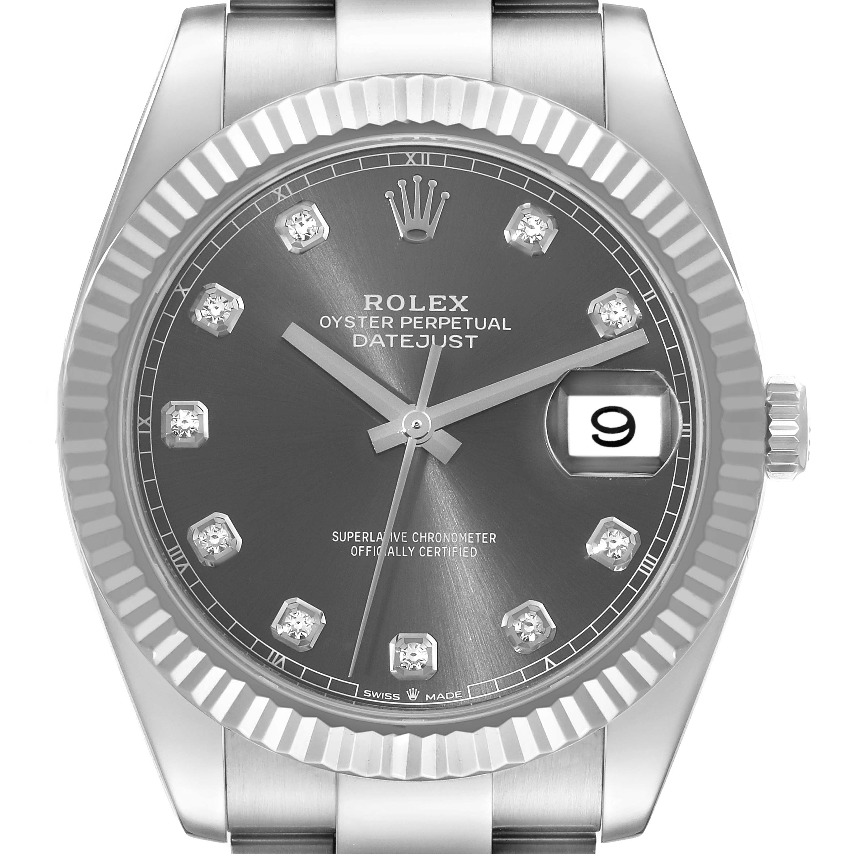 This image shows a front view of the Rolex Datejust 41 126334 Men
s Stainless Steel Grey Dial 126334 Men
s Stainless Steel Grey Dial watch, featuring its dial, bezel, and partial bracelet.