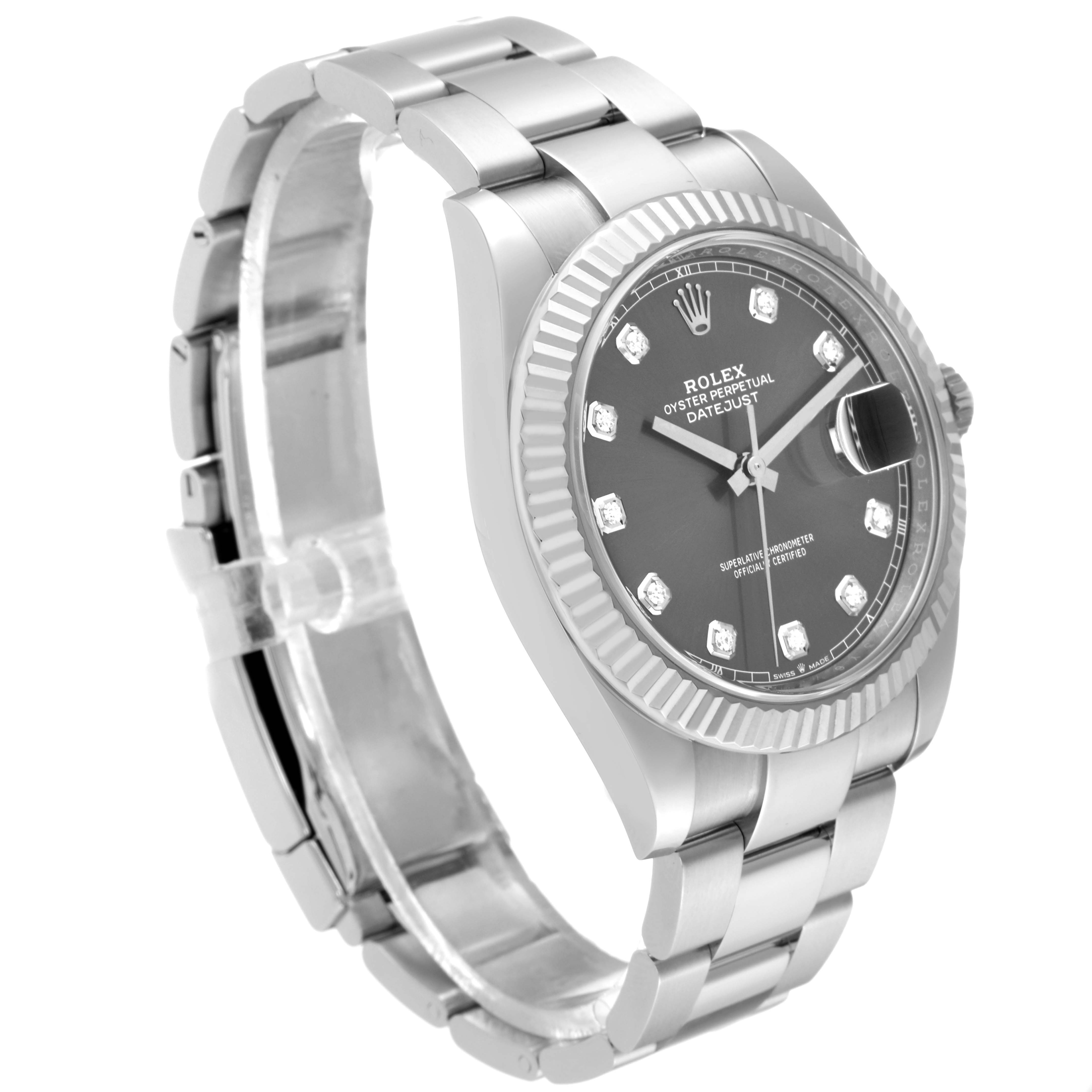 This image shows a side angle of the Rolex Datejust 41 126334 Men
s Stainless Steel Grey Dial 126334 Men
s Stainless Steel Grey Dial watch, highlighting its dial, case, and bracelet.