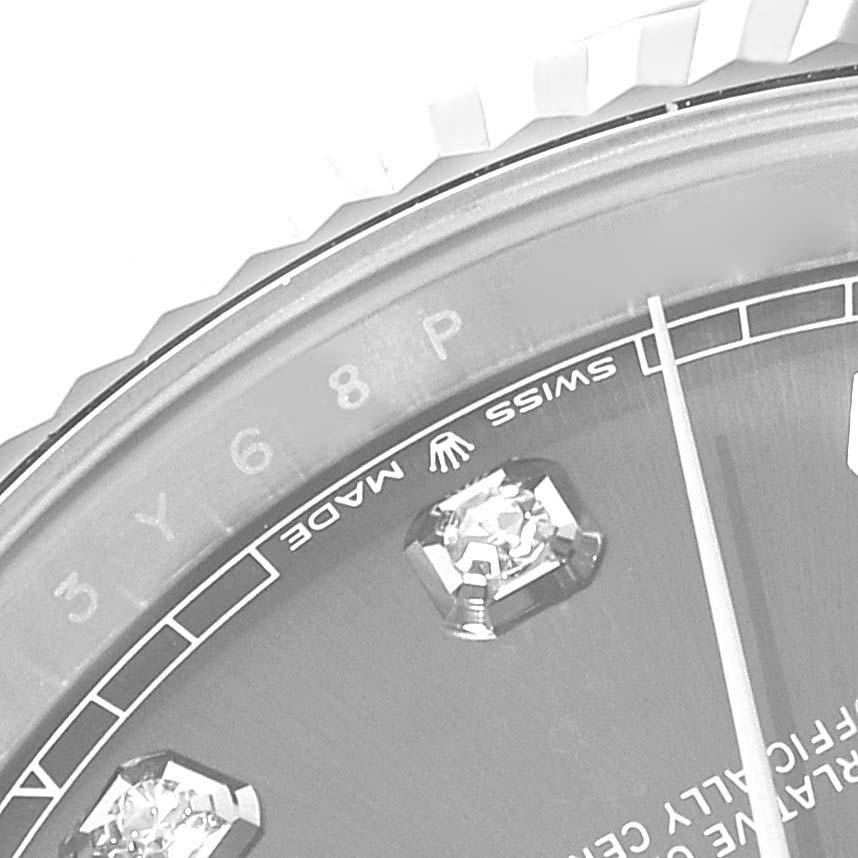 The image shows a close-up of the dial, bezel, and diamond markers of a Rolex Datejust 41 126334 Men
s Stainless Steel Grey Dial 126334 Men
s Stainless Steel Grey Dial watch.