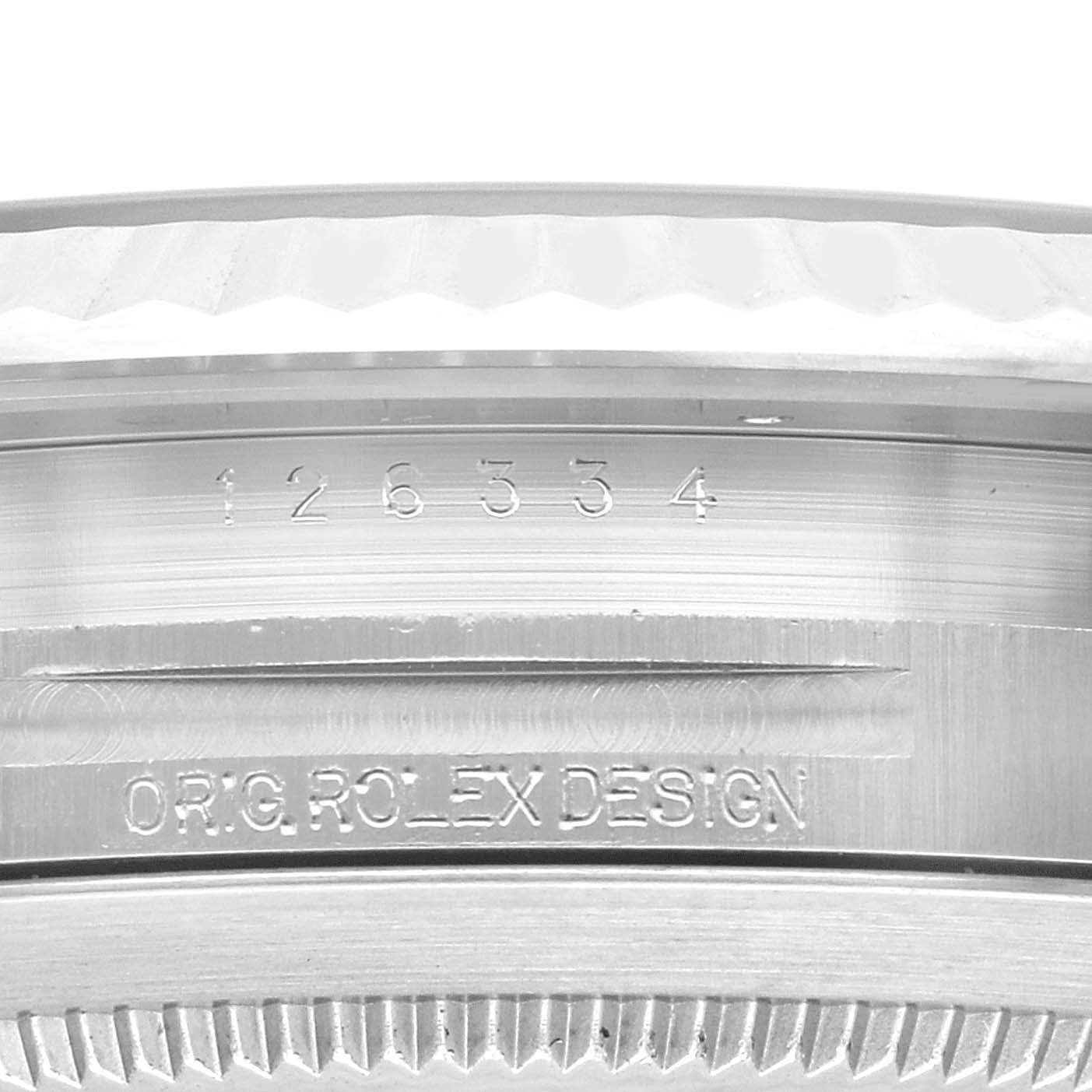 The image shows a close-up of the engraved case side for the Rolex Datejust 41 126334 Men
s Stainless Steel Grey Dial 126334 Men
s Stainless Steel Grey Dial model.