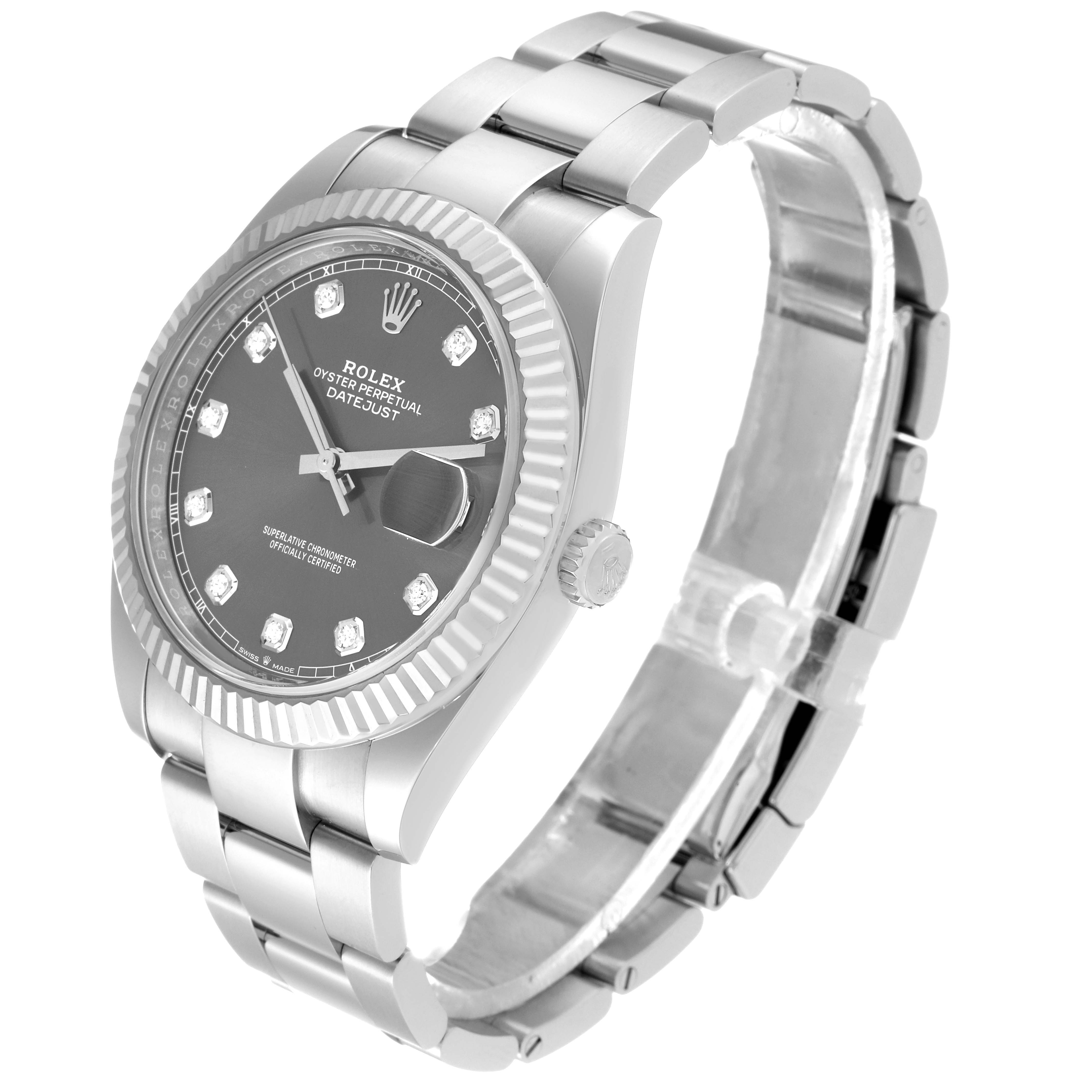 The image shows a side angle view of the Rolex Datejust 41 126334 Men
s Stainless Steel Grey Dial 126334 Men
s Stainless Steel Grey Dial watch, highlighting its face, bezel, crown, and bracelet.