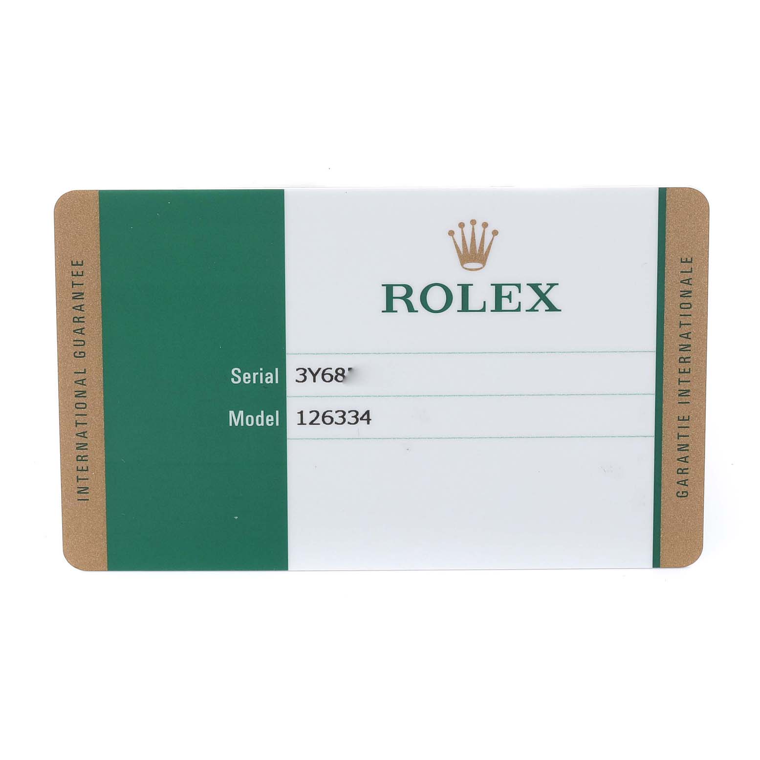 This image shows the international guarantee card for a Rolex Datejust 41 126334 Men
s Stainless Steel Grey Dial 126334 Men
s Stainless Steel Grey Dial model (126334).
