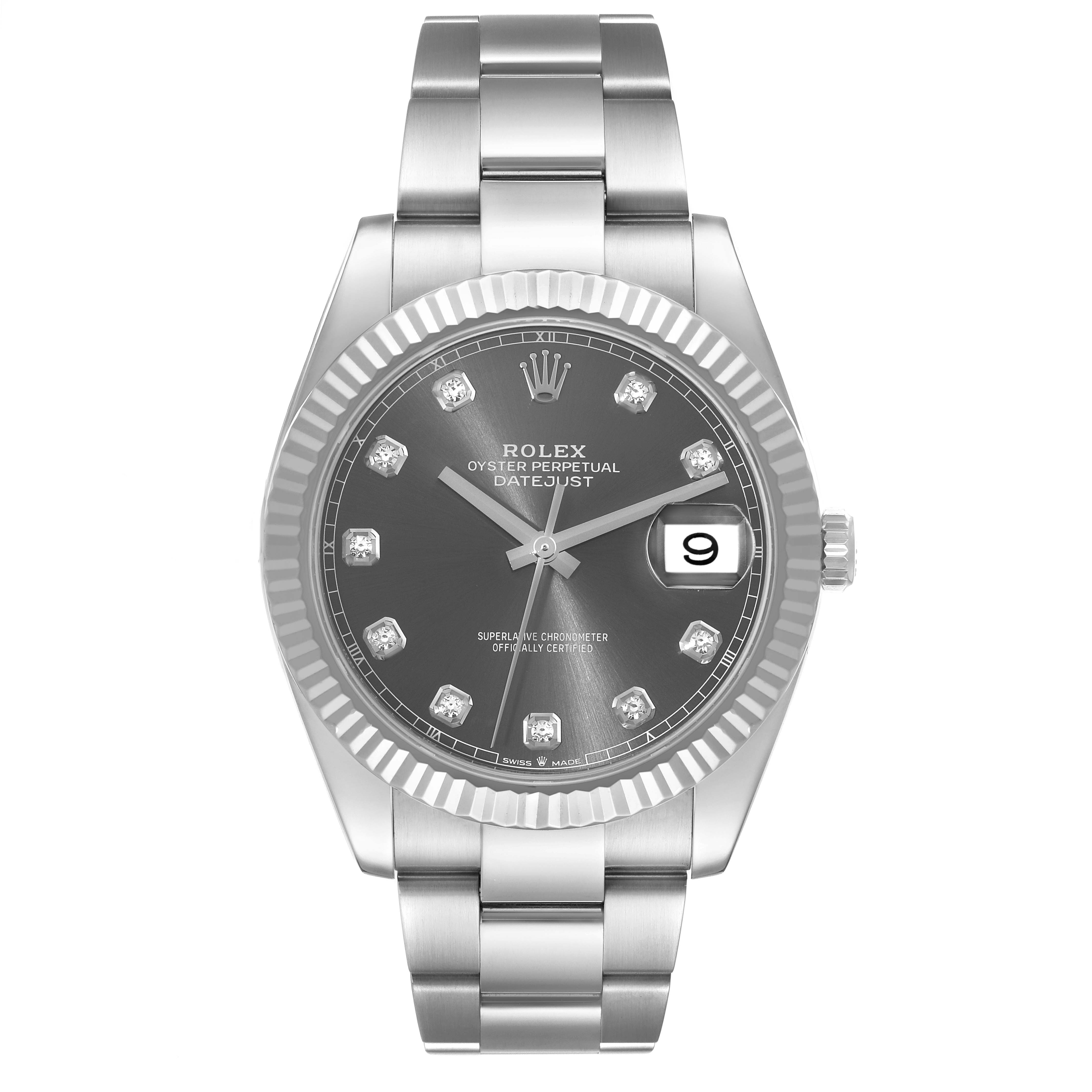 The image shows a front view of a Rolex Datejust 41 126334 Men
s Stainless Steel Grey Dial 126334 Men
s Stainless Steel Grey Dial watch, highlighting its dial, hands, date display, and bracelet.