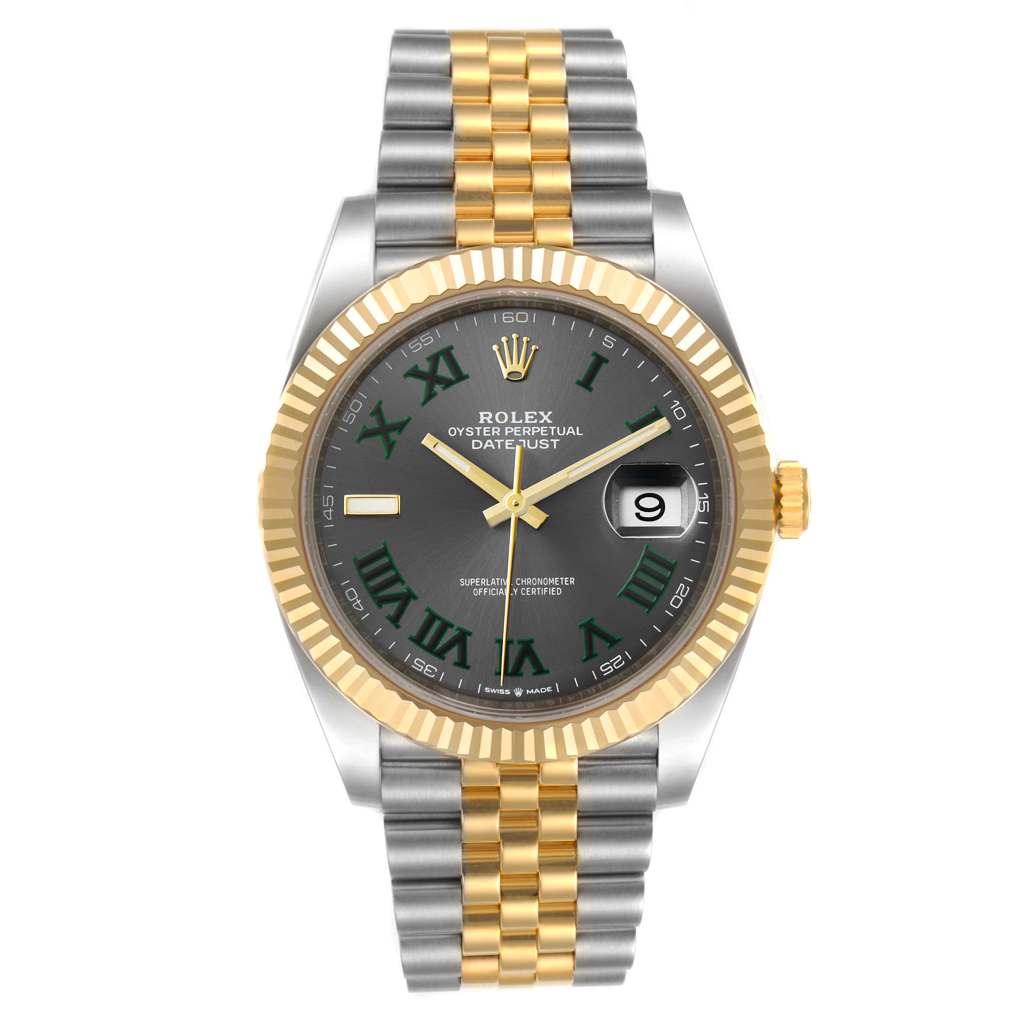 This Rolex Datejust 41 126333 Men's Steel and Gold (two tone) Grey Dial 126333 Men's Steel and Gold (two tone) Grey Dial watch is shown from a front angle, highlighting its green Roman numeral dial, two-tone bracelet, and fluted bezel.
