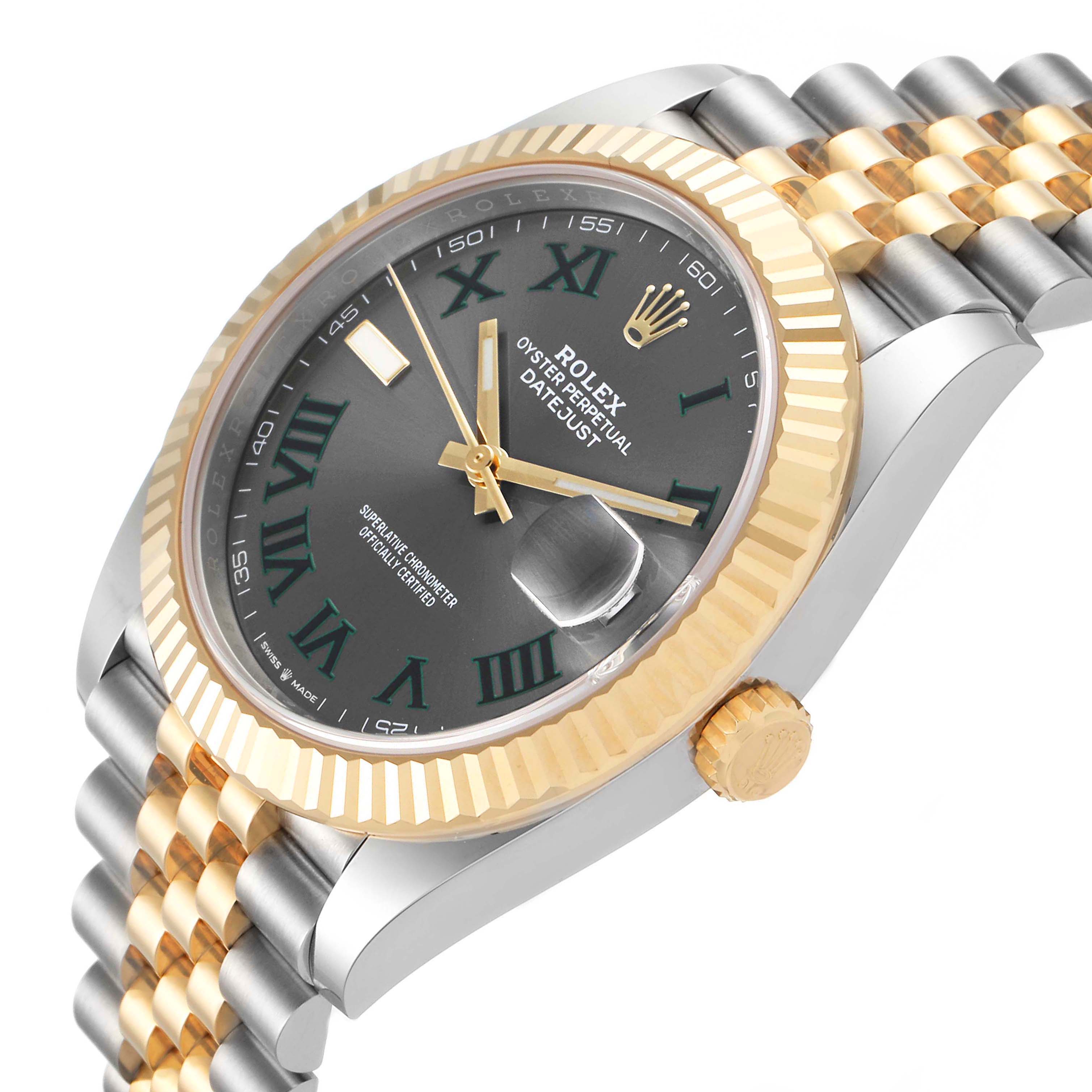 The angled view showcases the Rolex Datejust 41 126333 Men's Steel and Gold (two tone) Grey Dial 126333 Men's Steel and Gold (two tone) Grey Dial's two-tone bracelet, fluted bezel, dial, crown, and cyclops lens over the date.