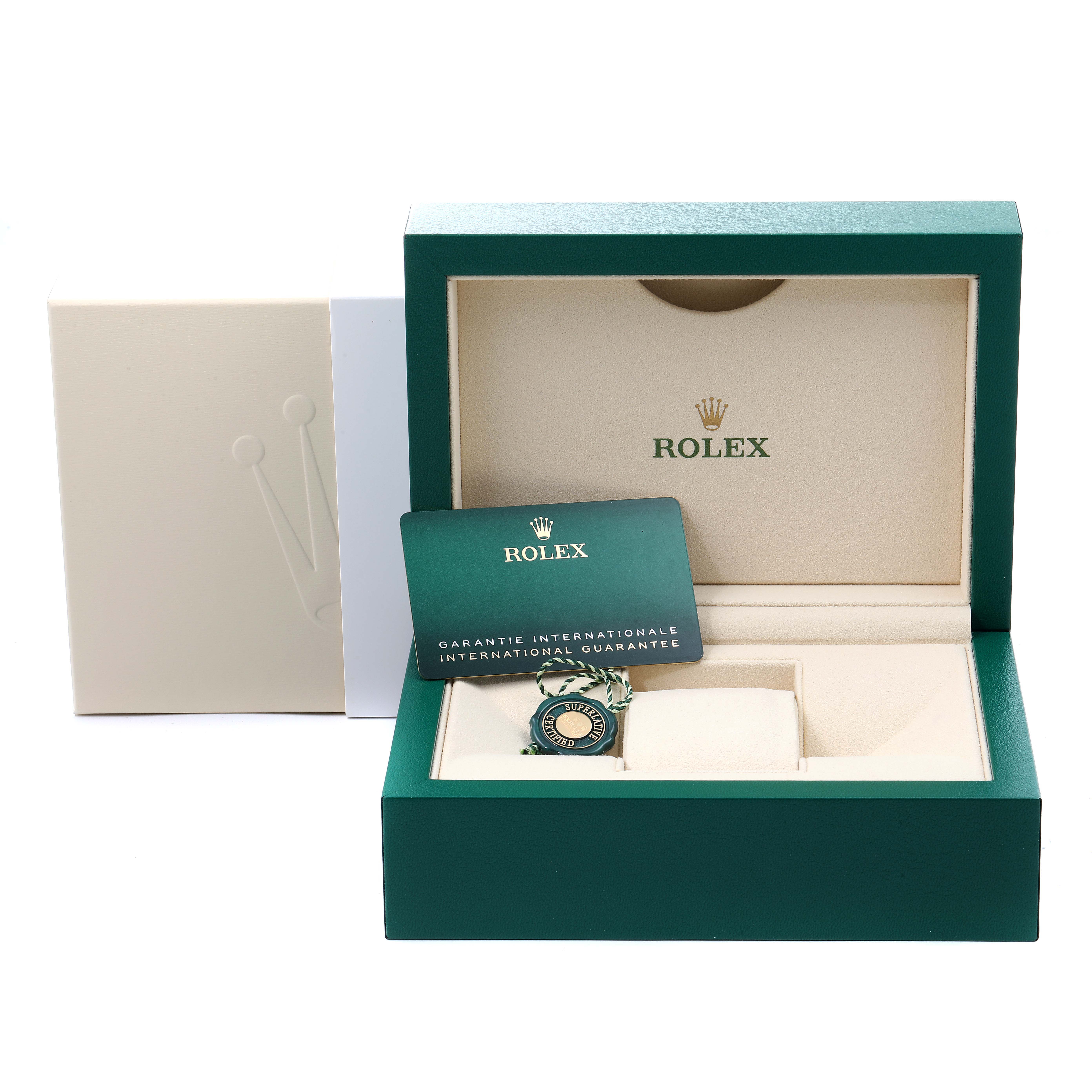 The image shows a Rolex Datejust 41 126333 Men's Steel and Gold (two tone) Grey Dial 126333 Men's Steel and Gold (two tone) Grey Dial watch in its green display box with an international guarantee card placed above it.