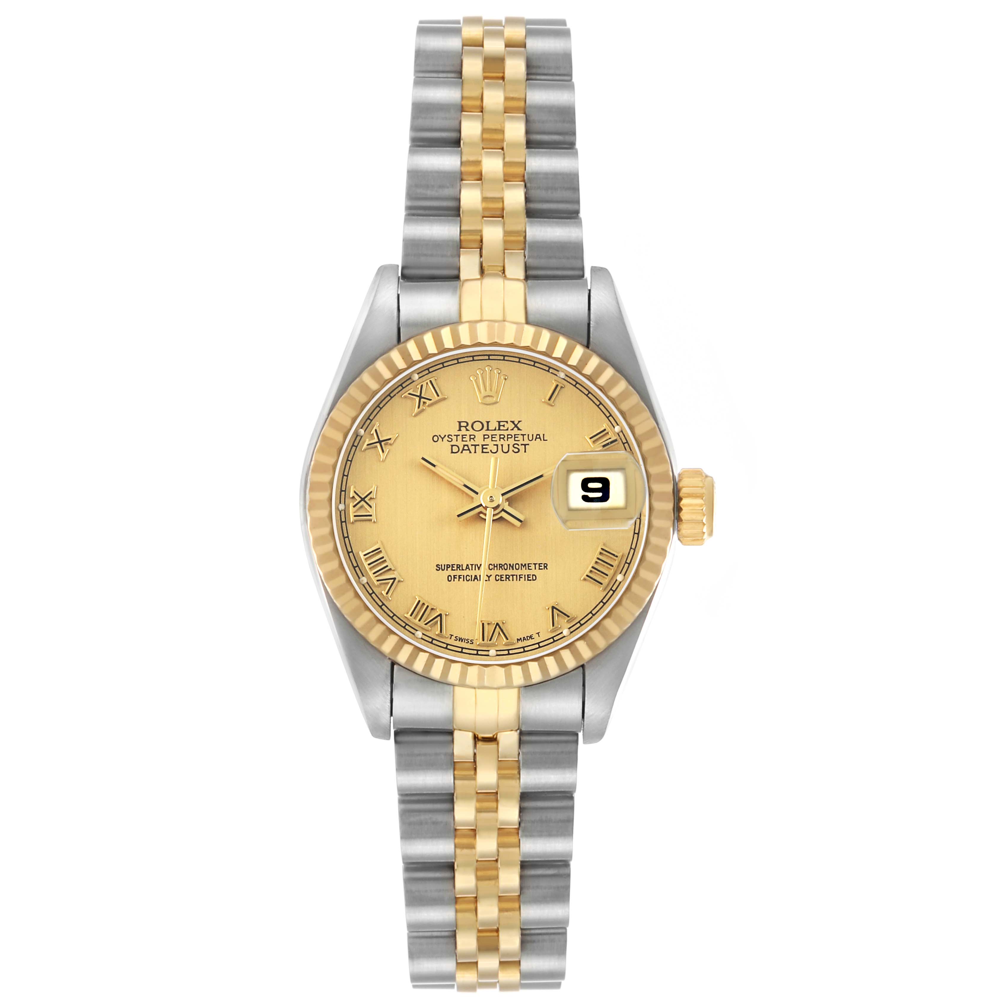 The Rolex Datejust 69173 Women's Steel and Gold (two tone) Champagne Dial watch is shown from the front, displaying the face, bezel, crown, and bracelet.