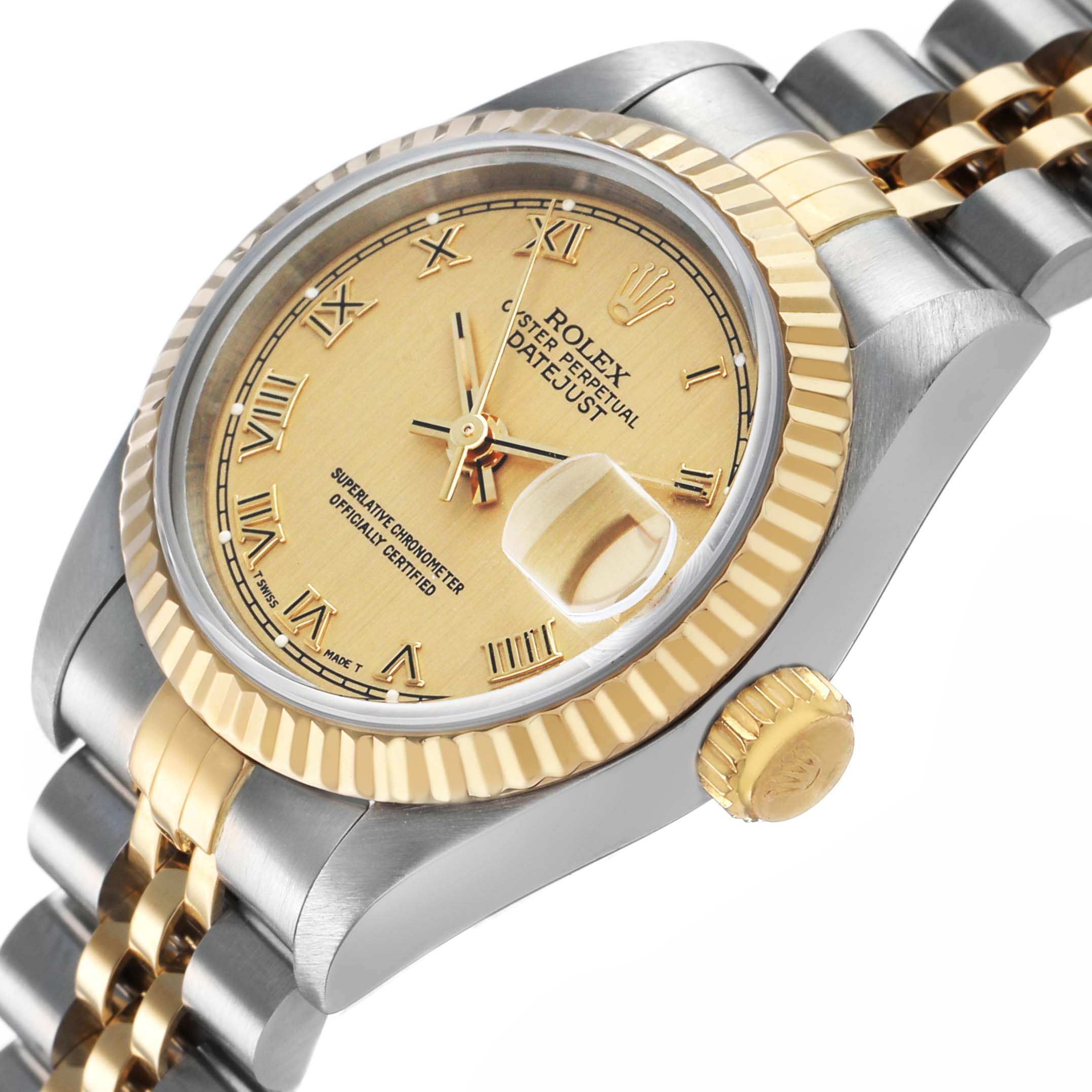 The Rolex Datejust 69173 Women's Steel and Gold (two tone) Champagne Dial watch is shown at a slight angle, highlighting the dial, fluted bezel, and two-tone bracelet.