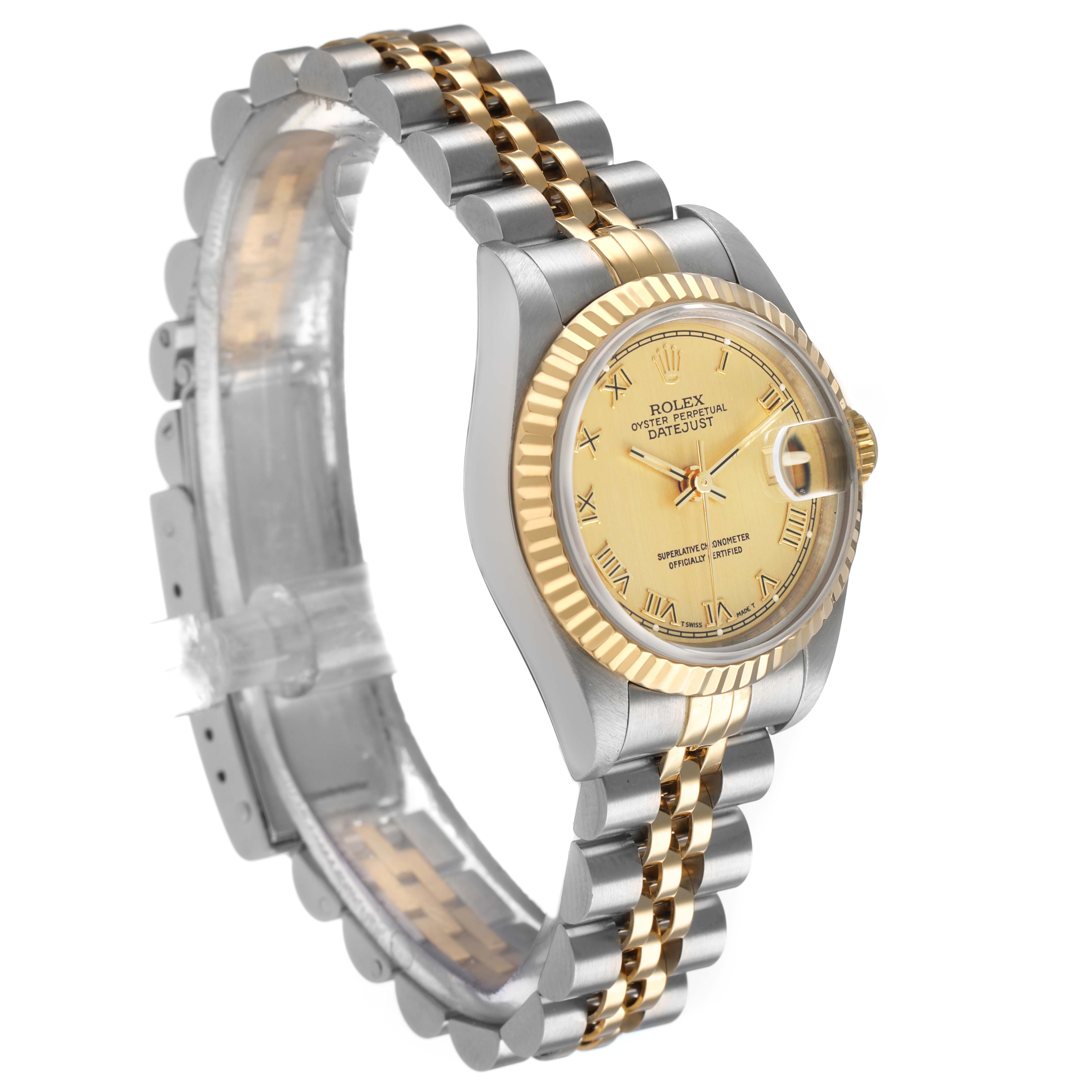 The Rolex Datejust 69173 Women's Steel and Gold (two tone) Champagne Dial watch is shown at an oblique angle, highlighting the two-tone bracelet, fluted bezel, and champagne dial.