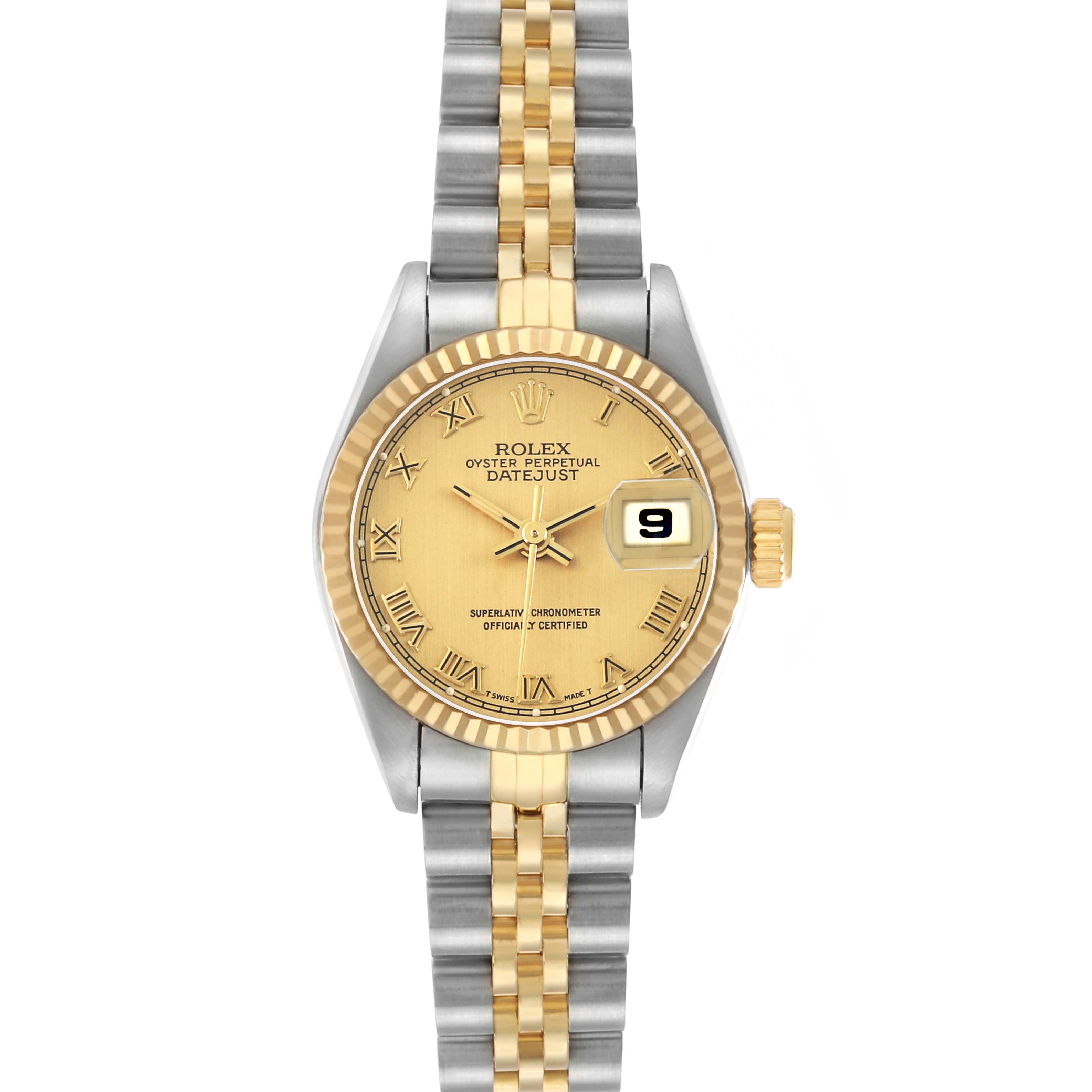 The Rolex Datejust 69173 Women's Steel and Gold (two tone) Champagne Dial watch is shown from a front view highlighting the dial, bezel, bracelet, and date window.