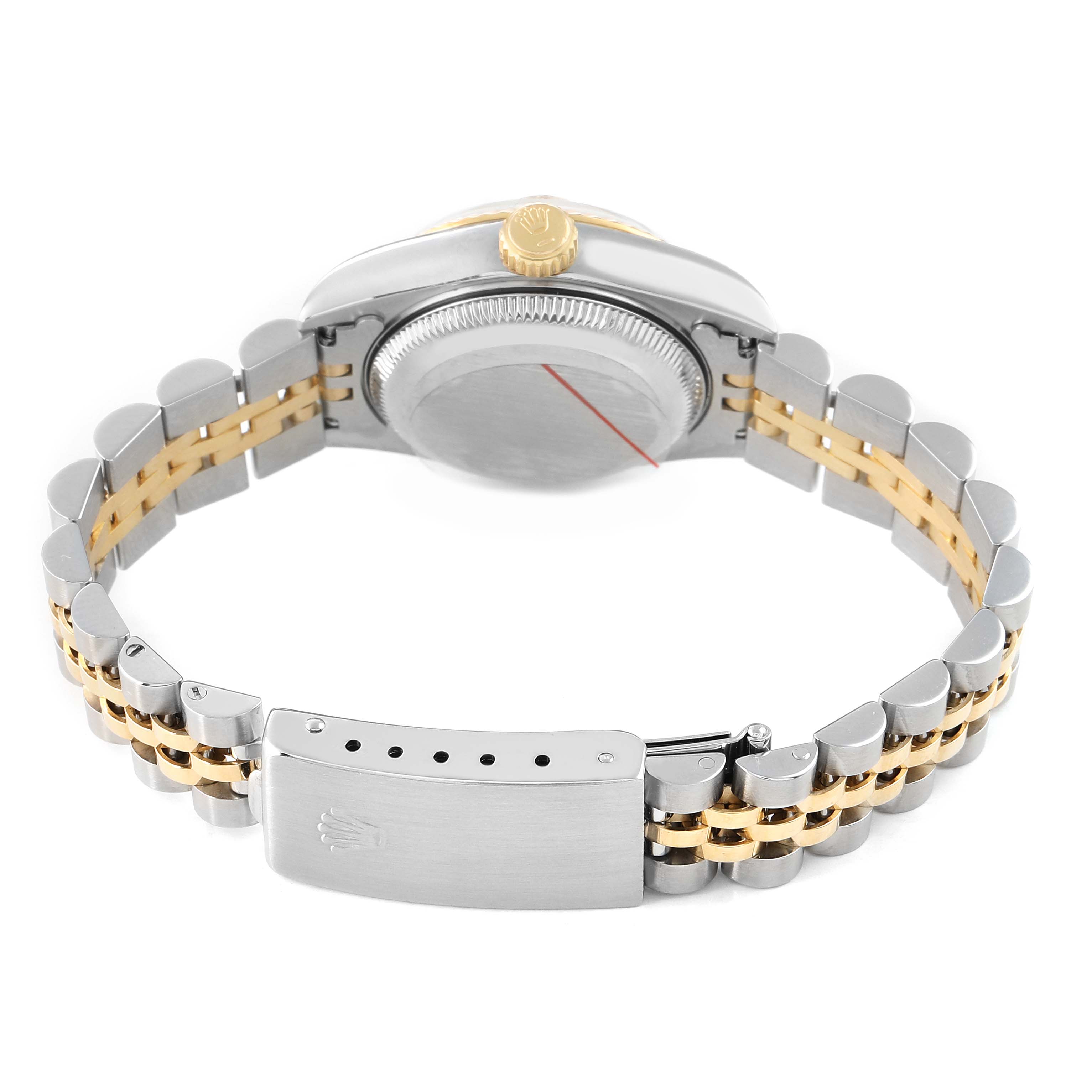 The Rolex Datejust 69173 Women's Steel and Gold (two tone) Champagne Dial watch is shown from the back, highlighting its clasp, case back, bracelet, and crown.