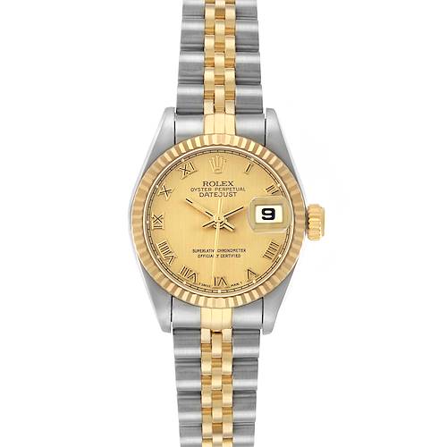 The Rolex Datejust 69173 Women's Steel and Gold (two tone) Champagne Dial watch is shown from a front angle, displaying the dial, fluted bezel, and Jubilee bracelet.
