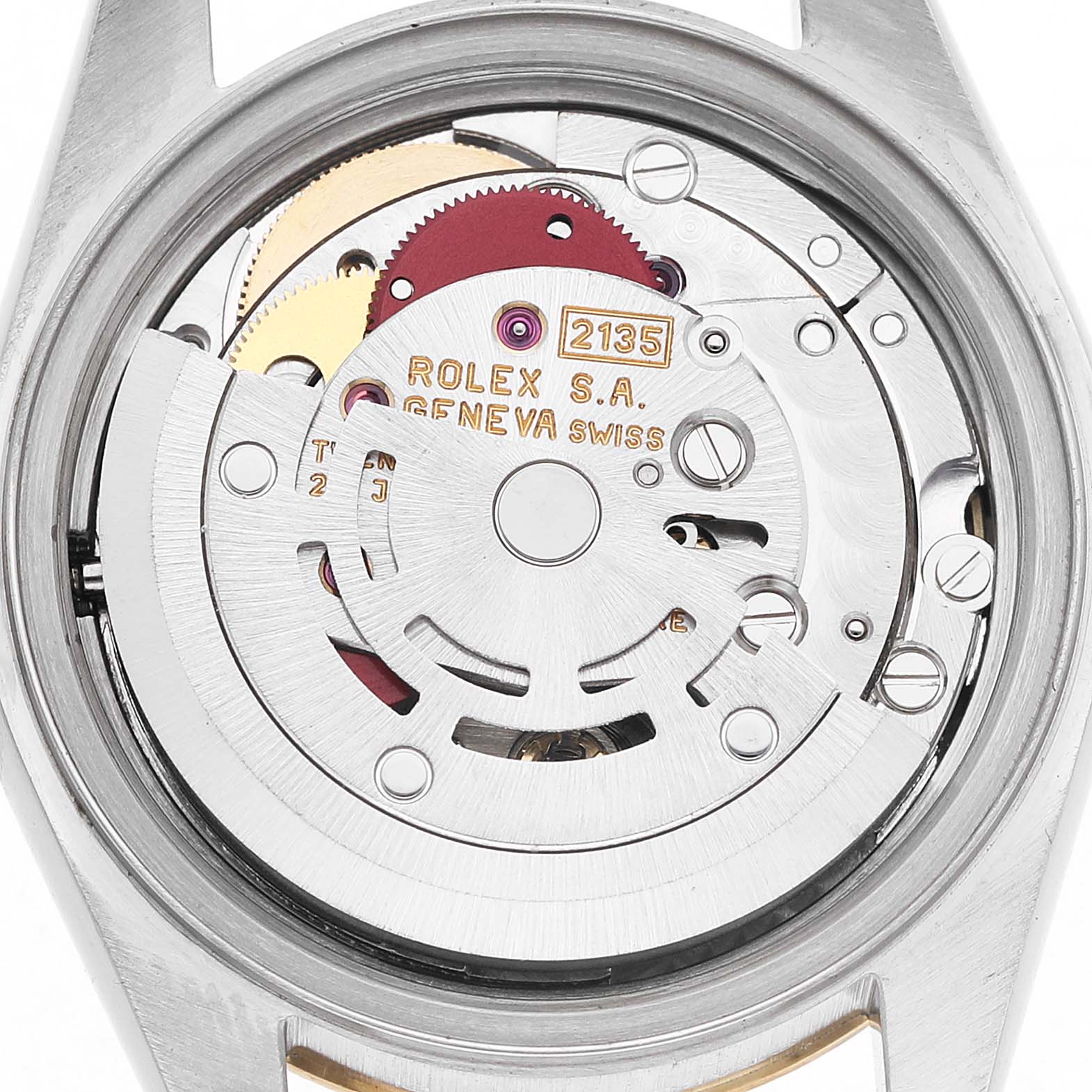 The image shows the back view of the Rolex Datejust 69173 Women's Steel and Gold (two tone) Champagne Dial watch, revealing its internal movement mechanism.