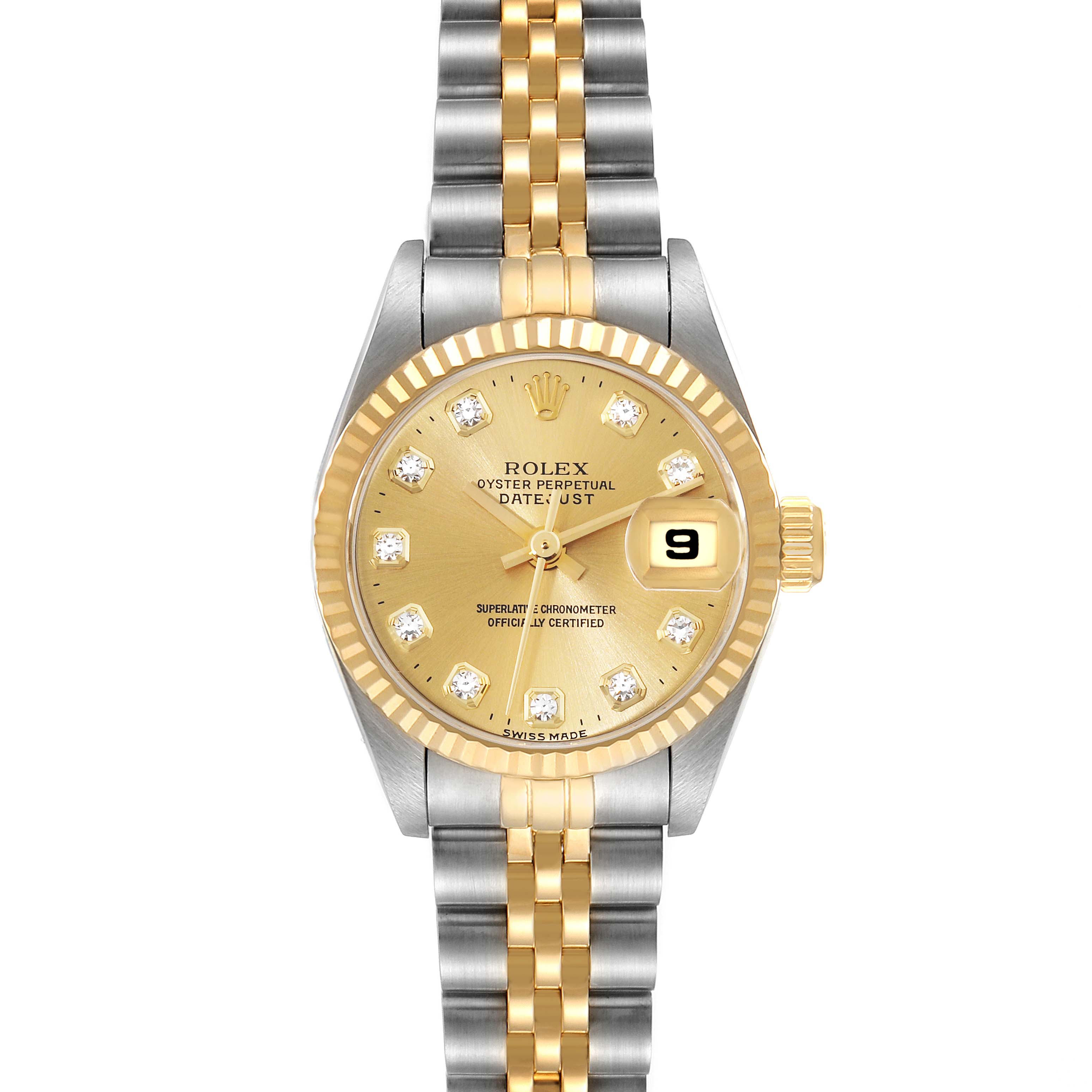 The image shows a Rolex Datejust 69173 Women's Steel and Gold (two tone) Champagne Dial 69173 Women's Steel and Gold (two tone) Champagne Dial watch from the front, displaying its face, dial, bezel, and bracelet.