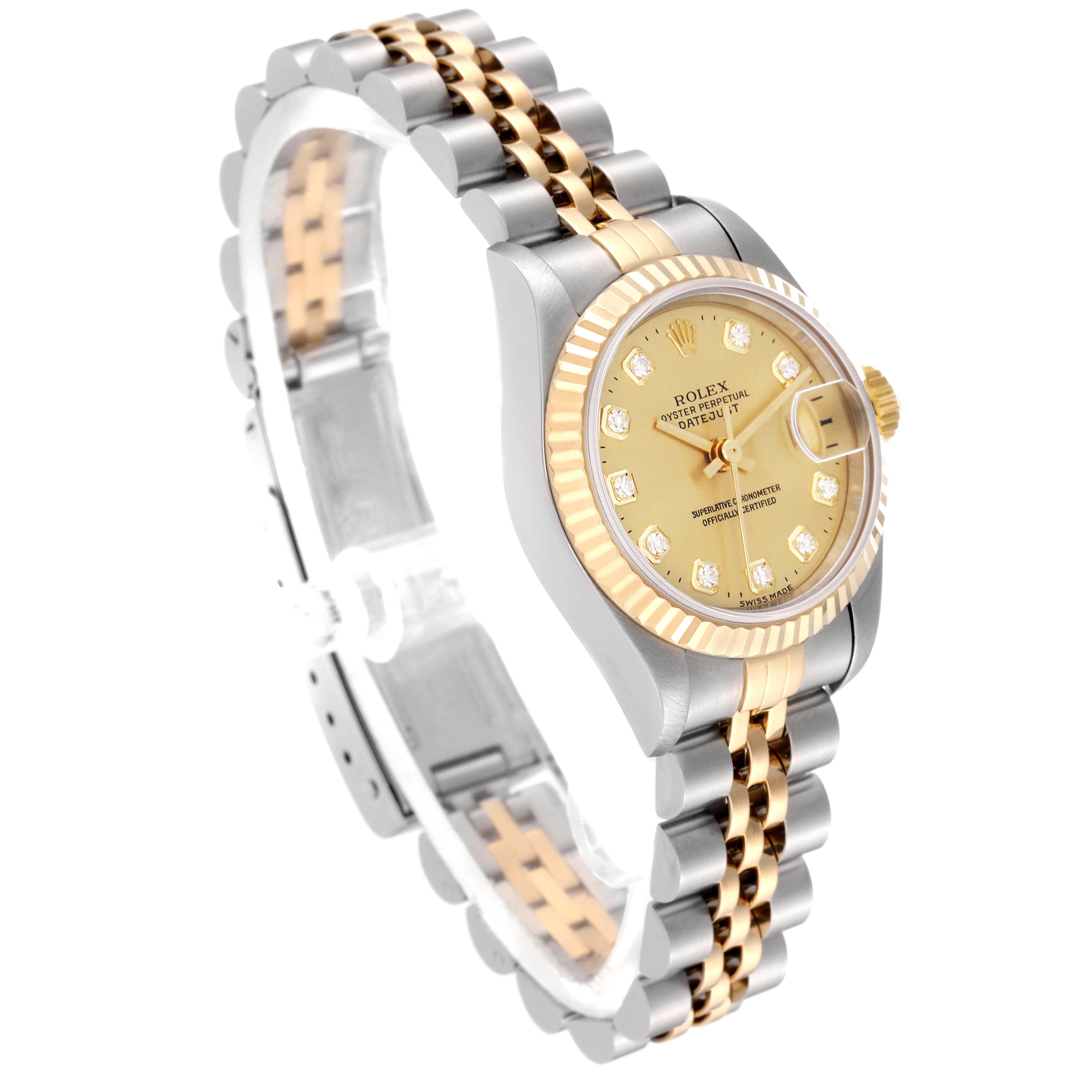 The Rolex Datejust 69173 Women's Steel and Gold (two tone) Champagne Dial 69173 Women's Steel and Gold (two tone) Champagne Dial watch is shown at a three-quarter angle, highlighting its dial, bezel, crown, and Jubilee bracelet.