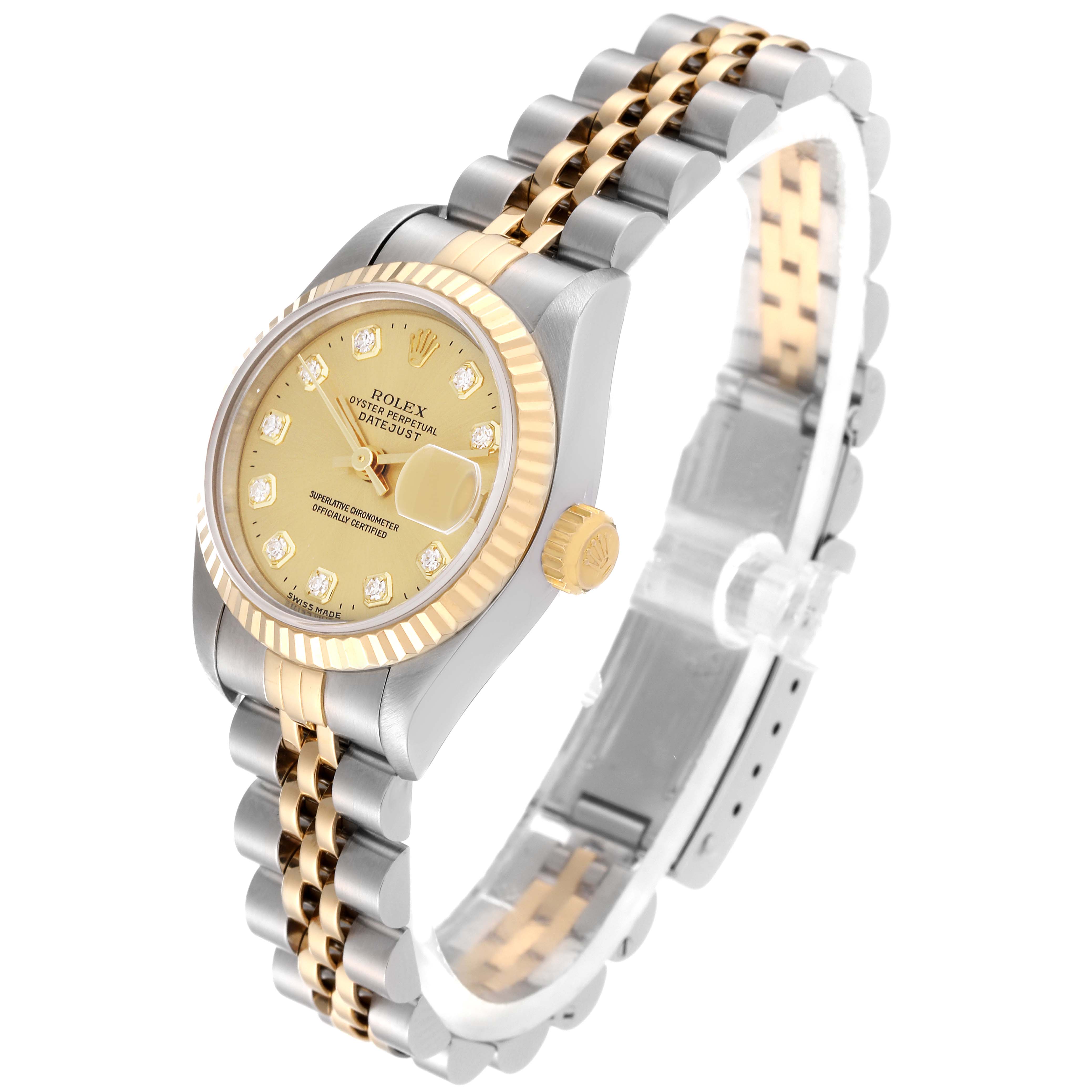 This image shows the Rolex Datejust 69173 Women's Steel and Gold (two tone) Champagne Dial 69173 Women's Steel and Gold (two tone) Champagne Dial watch at a slight angle, featuring the dial, bezel, crown, and two-tone bracelet.