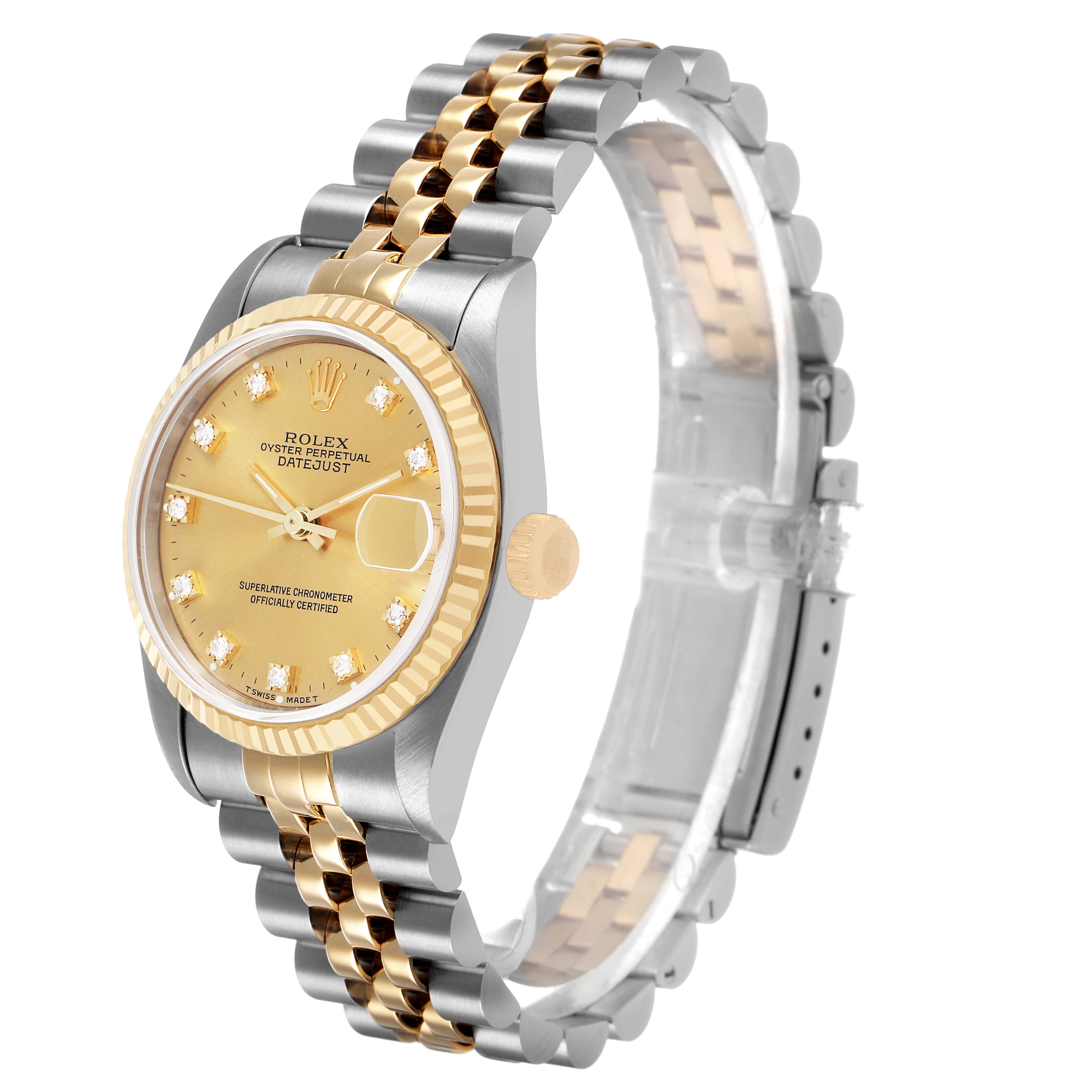 The Rolex Mid-Size 68273 Women's Steel and Gold (two tone) Champagne Dial Datejust watch is shown at an angled view, highlighting the face, bezel, and two-tone bracelet.