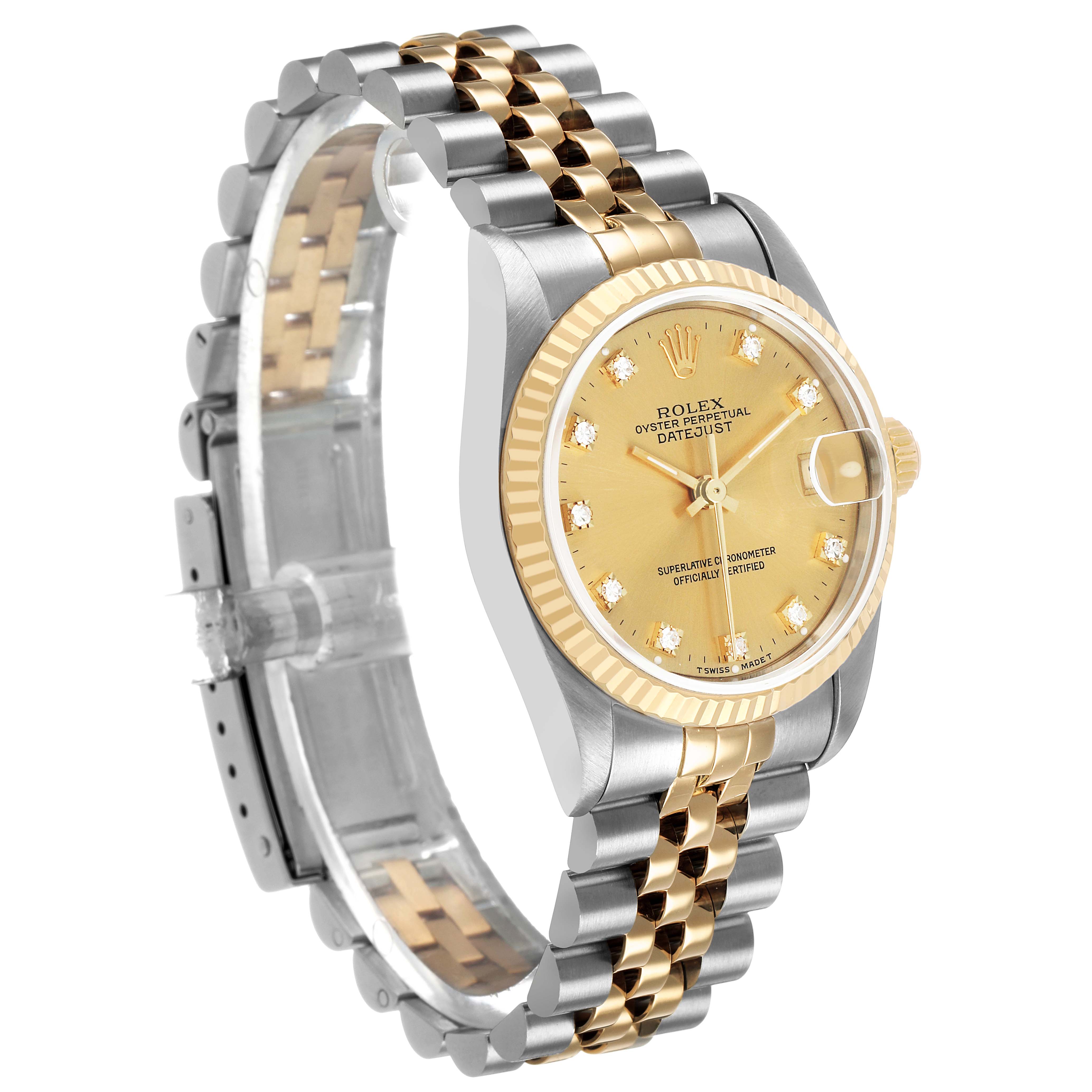 The image shows a Rolex Mid-Size 68273 Women's Steel and Gold (two tone) Champagne Dial watch at a slight side angle, highlighting its fluted bezel and jubilee bracelet.