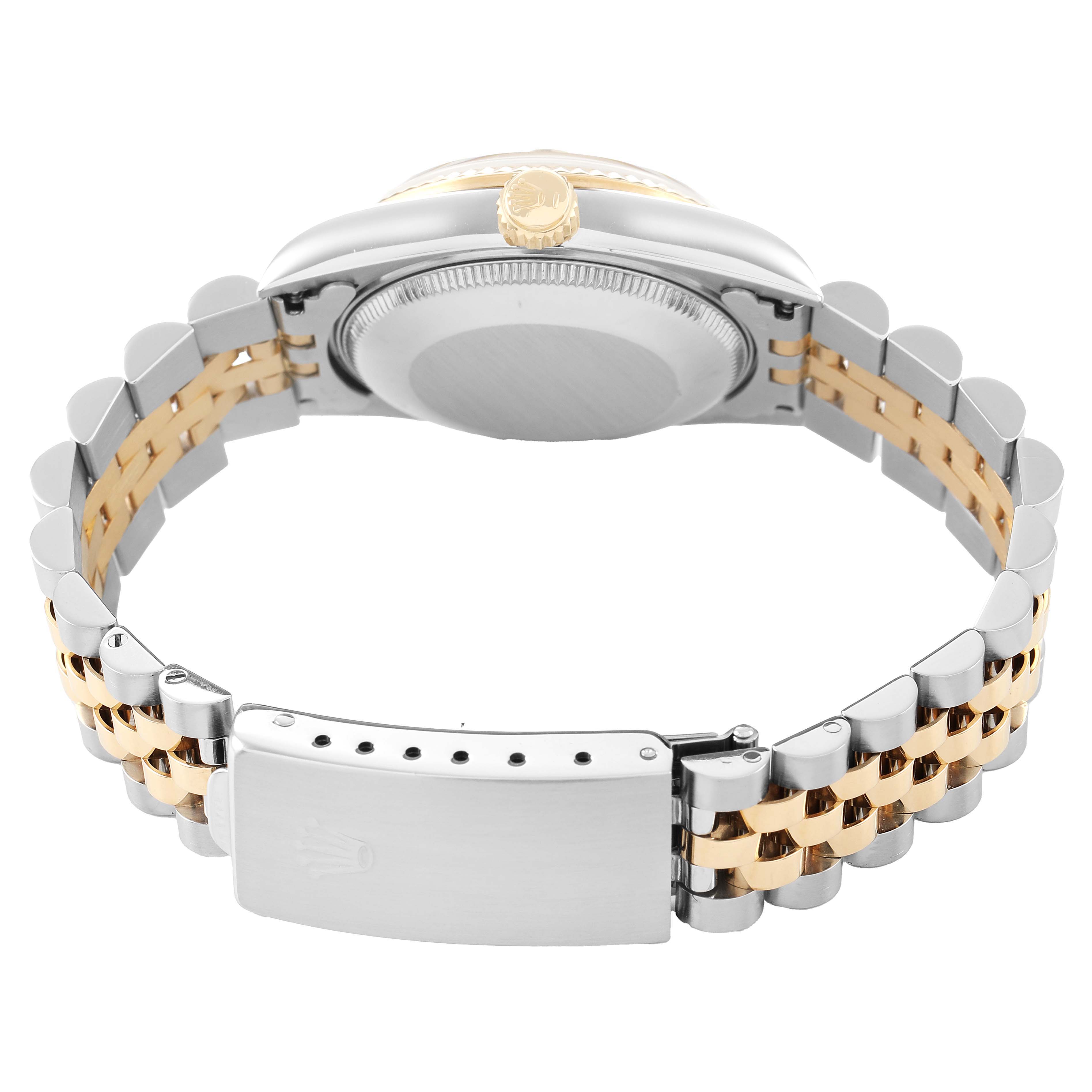 The image shows the Rolex Mid-Size 68273 Women's Steel and Gold (two tone) Champagne Dial watch from the back, highlighting the case back, crown, and two-tone bracelet.
