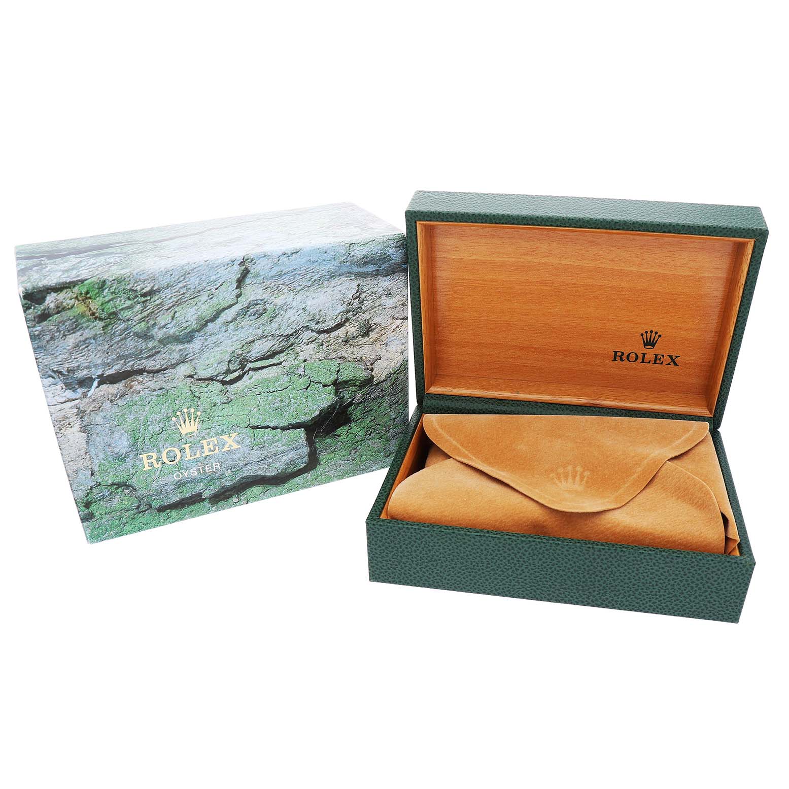 The image shows a Rolex Mid-Size 68273 Women's Steel and Gold (two tone) Champagne Dial model box with its lid open, revealing a suede pouch inside.