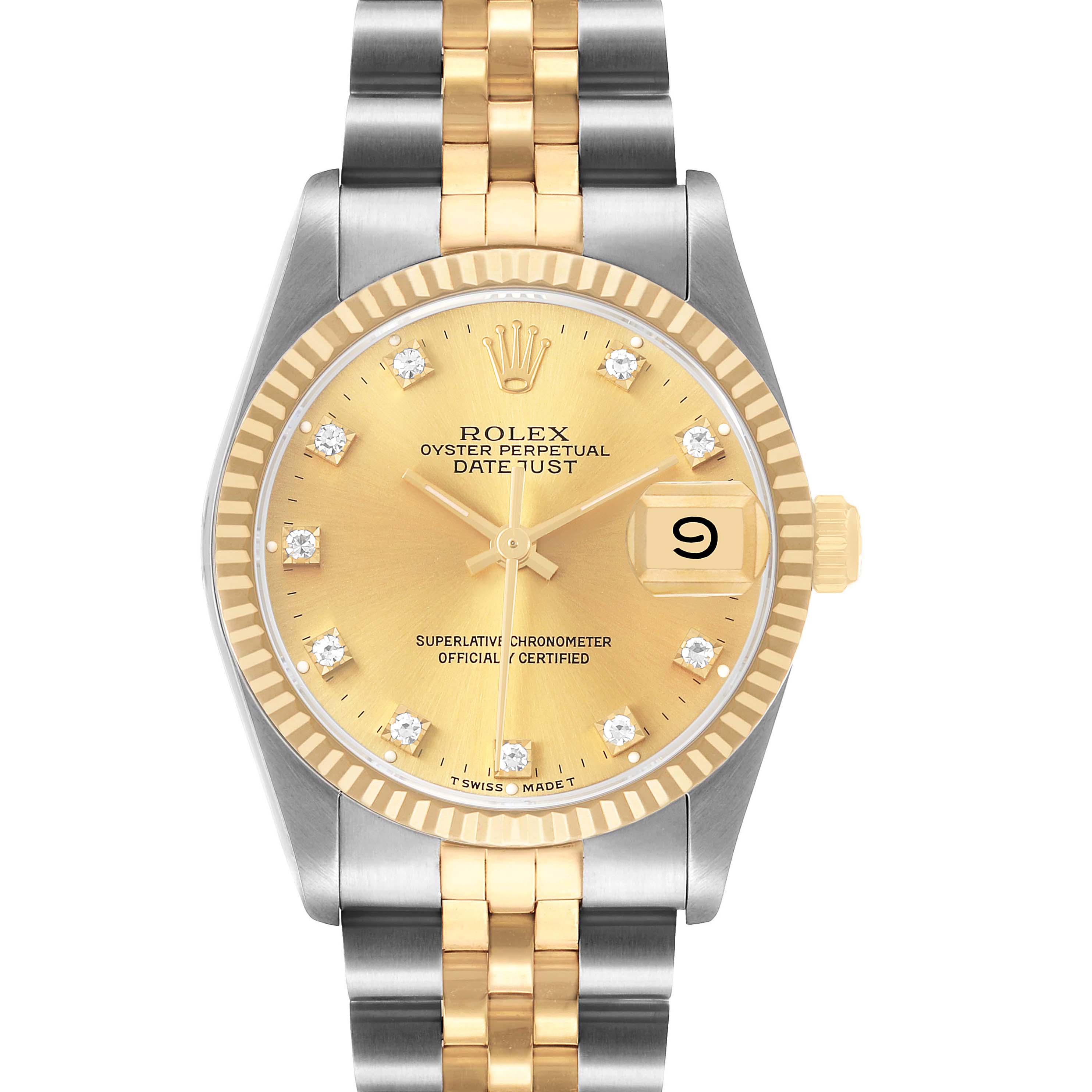 The Rolex Datejust Mid-Size is shown from the front, featuring its gold-and-silver bracelet, diamond hour markers, and date window.
