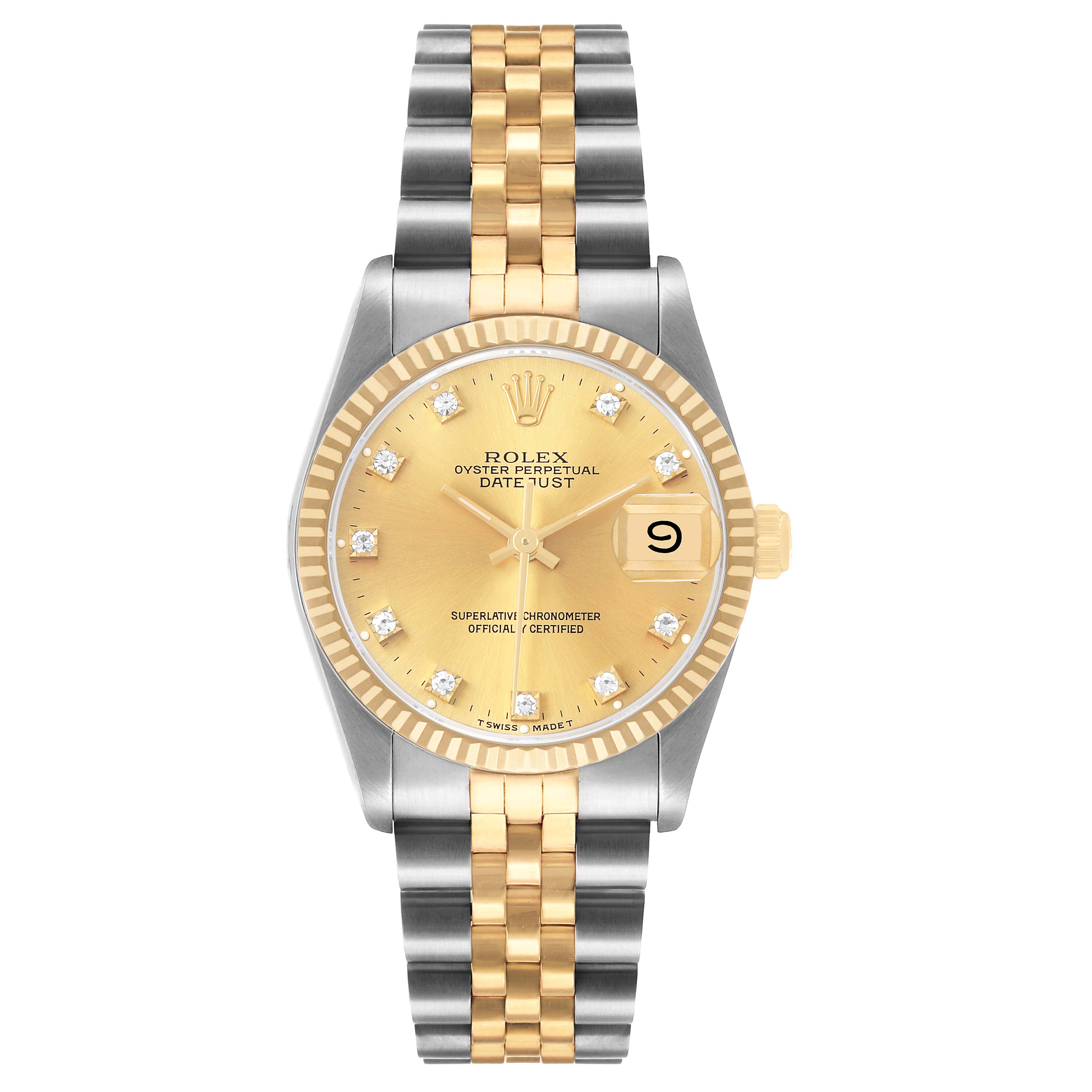 The Rolex Mid-Size 68273 Women's Steel and Gold (two tone) Champagne Dial Datejust is shown from the front, highlighting its gold dial, fluted bezel, date window, and two-tone bracelet.