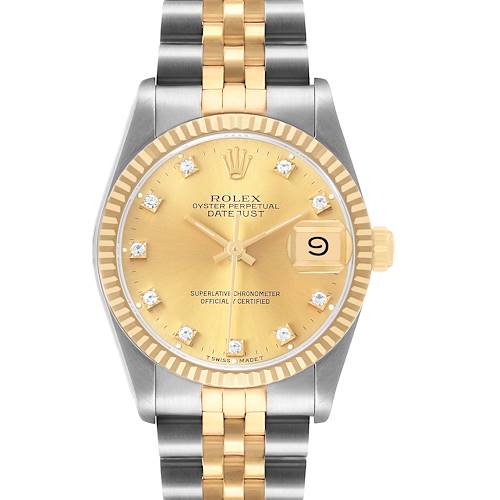 The Rolex Mid-Size 68273 Women's Steel and Gold (two tone) Champagne Dial Oyster Perpetual Datejust is shown from a front angle, highlighting its dial, bezel, bracelet, and crown.
