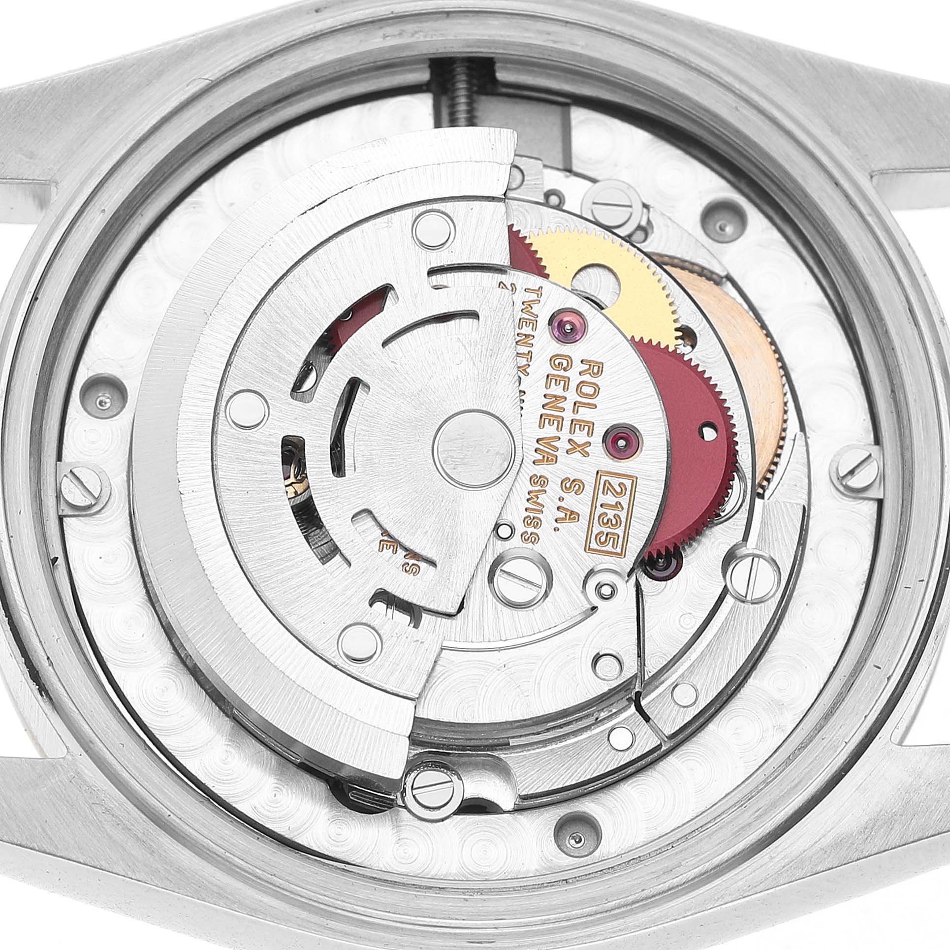The image shows the open case back view of a Rolex Mid-Size 68273 Women's Steel and Gold (two tone) Champagne Dial watch, highlighting its intricate movement parts.