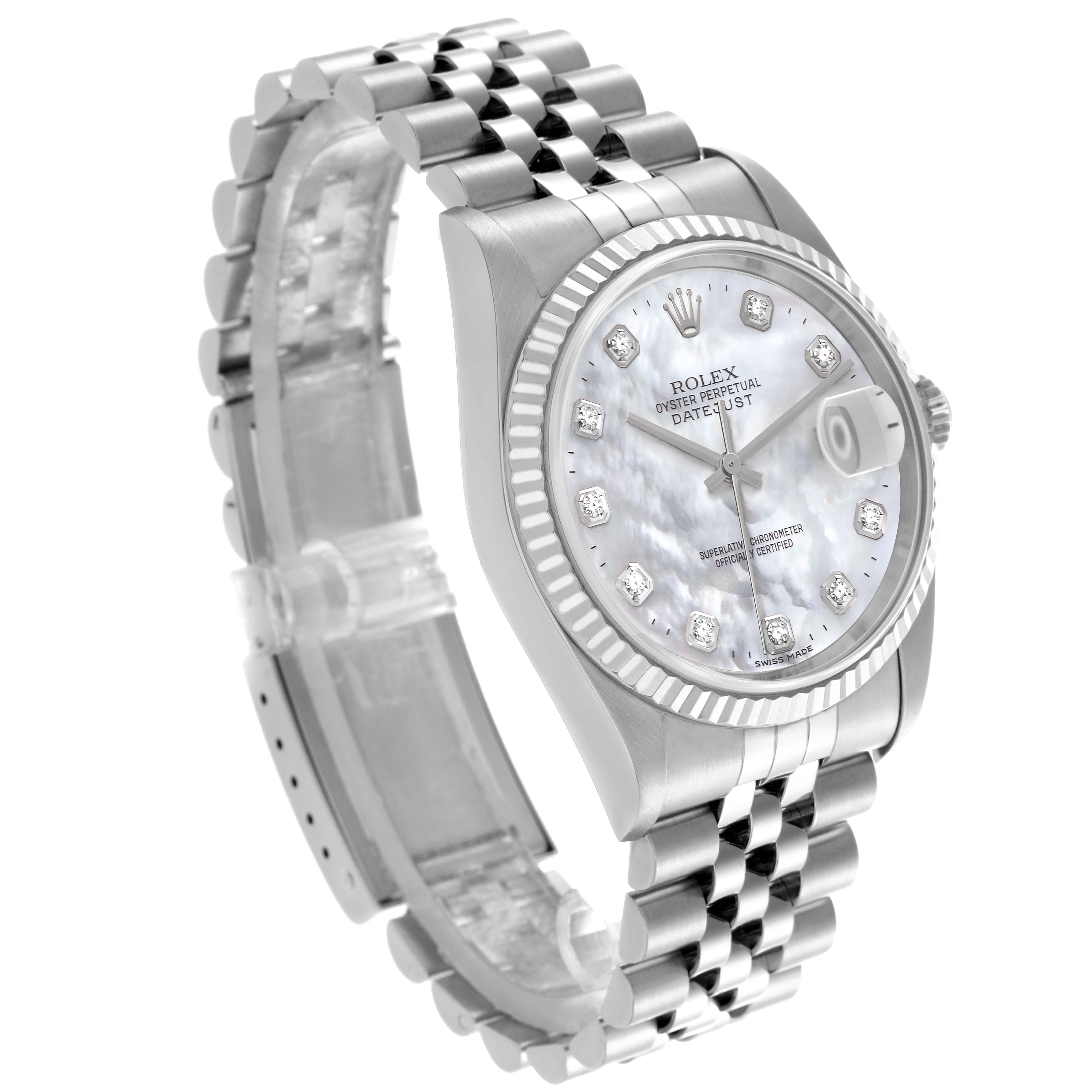 The Rolex Datejust 16234 Men's Stainless Steel Mother of Pearl Dial 16234 Men's Stainless Steel Mother of Pearl Dial watch is shown from a three-quarter angle highlighting the dial, bezel, and Jubilee bracelet.