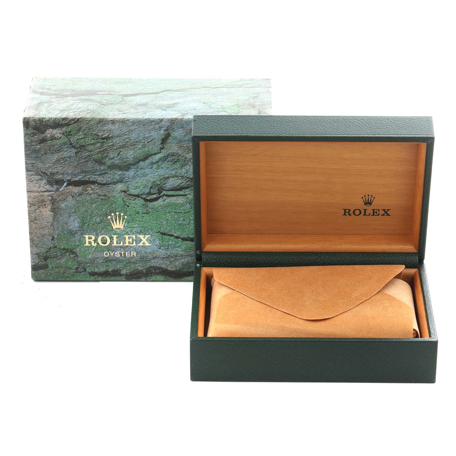 The image shows the open and closed boxes of a Rolex Datejust 16234 Men's Stainless Steel Mother of Pearl Dial 16234 Men's Stainless Steel Mother of Pearl Dial, including a green outer box and a wooden inner box with a suede pouch.