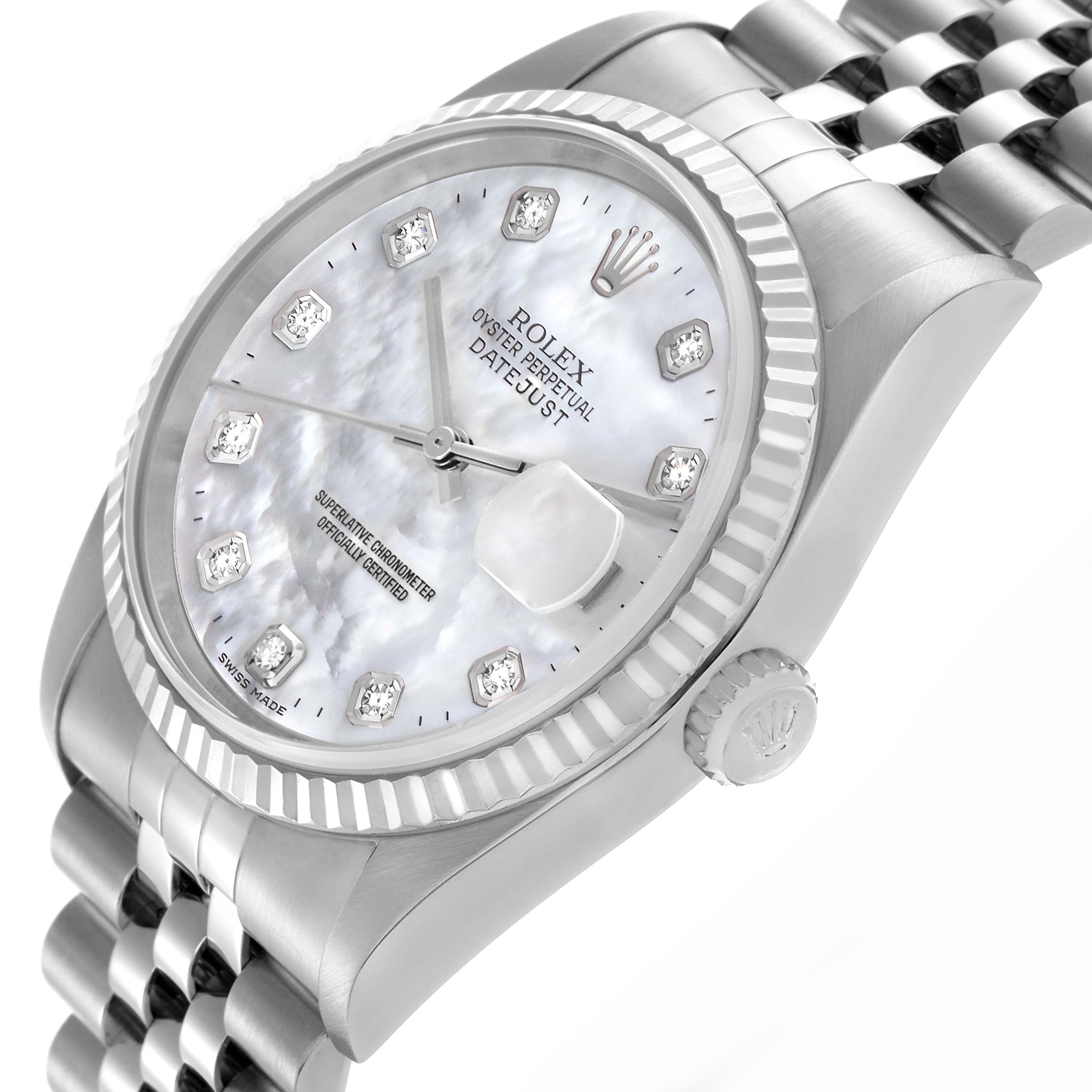 The Rolex Datejust 16234 Men's Stainless Steel Mother of Pearl Dial 16234 Men's Stainless Steel Mother of Pearl Dial watch is shown at an angle highlighting the face, bezel, crown, and part of the bracelet.