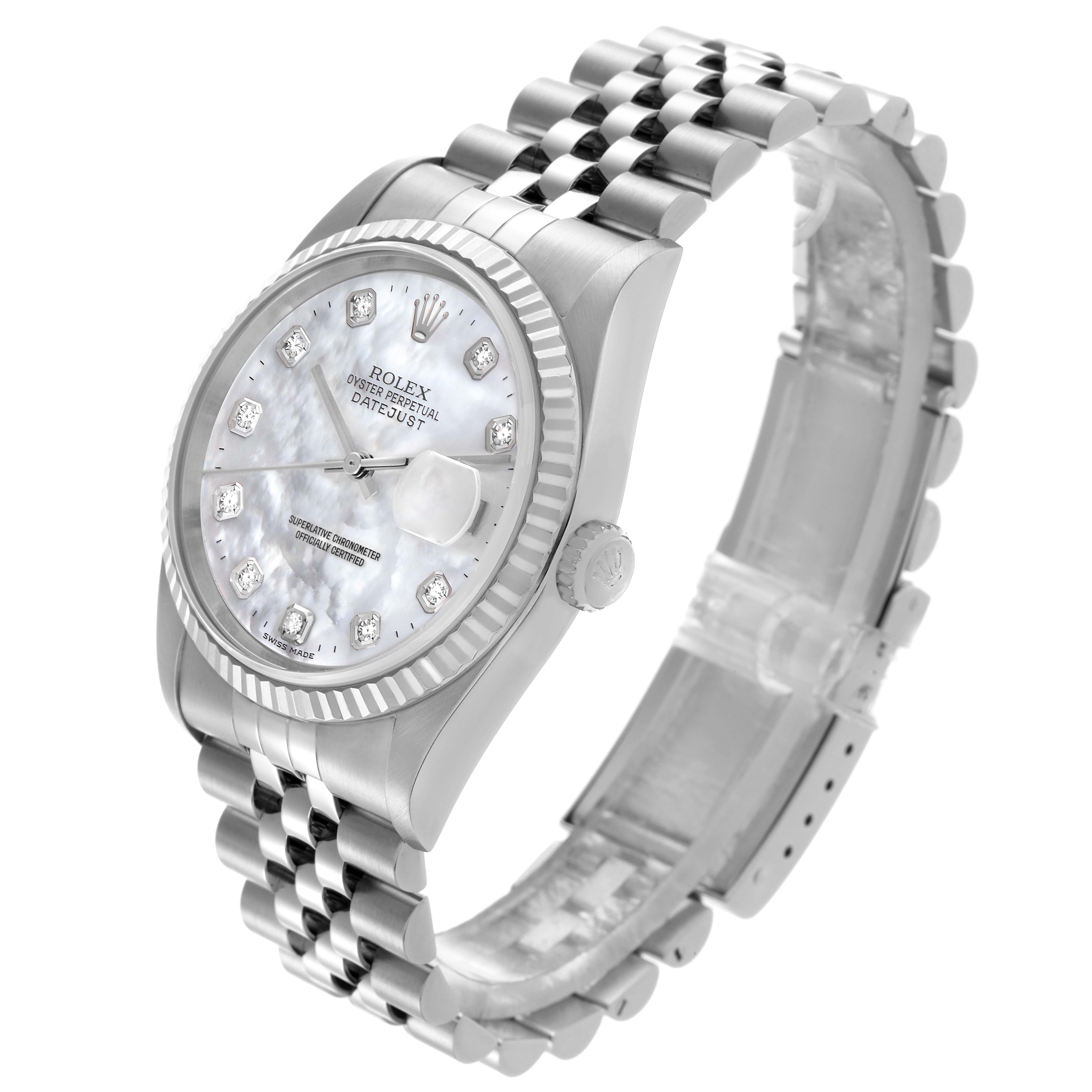 The Rolex Datejust 16234 Men's Stainless Steel Mother of Pearl Dial 16234 Men's Stainless Steel Mother of Pearl Dial watch is shown at a three-quarter angle, highlighting the face, bracelet, and crown.