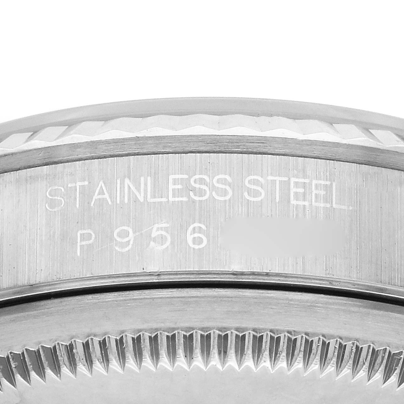 The image shows a close-up of the case edge and serial number engraving on a Rolex Datejust 16234 Men's Stainless Steel Mother of Pearl Dial 16234 Men's Stainless Steel Mother of Pearl Dial.