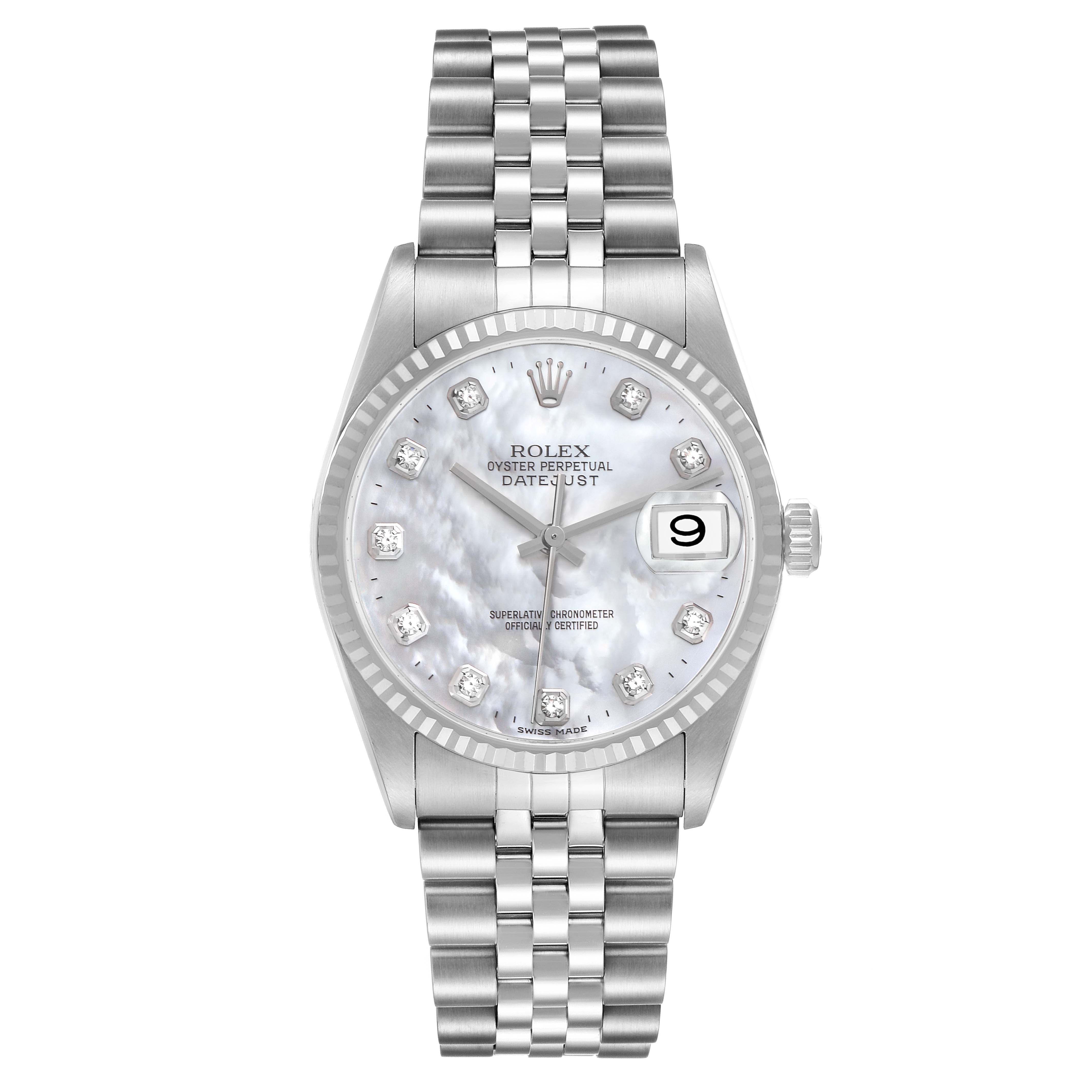 The Rolex Datejust 16234 Men's Stainless Steel Mother of Pearl Dial 16234 Men's Stainless Steel Mother of Pearl Dial watch is shown from the front, highlighting the face, bezel, dial, and bracelet.