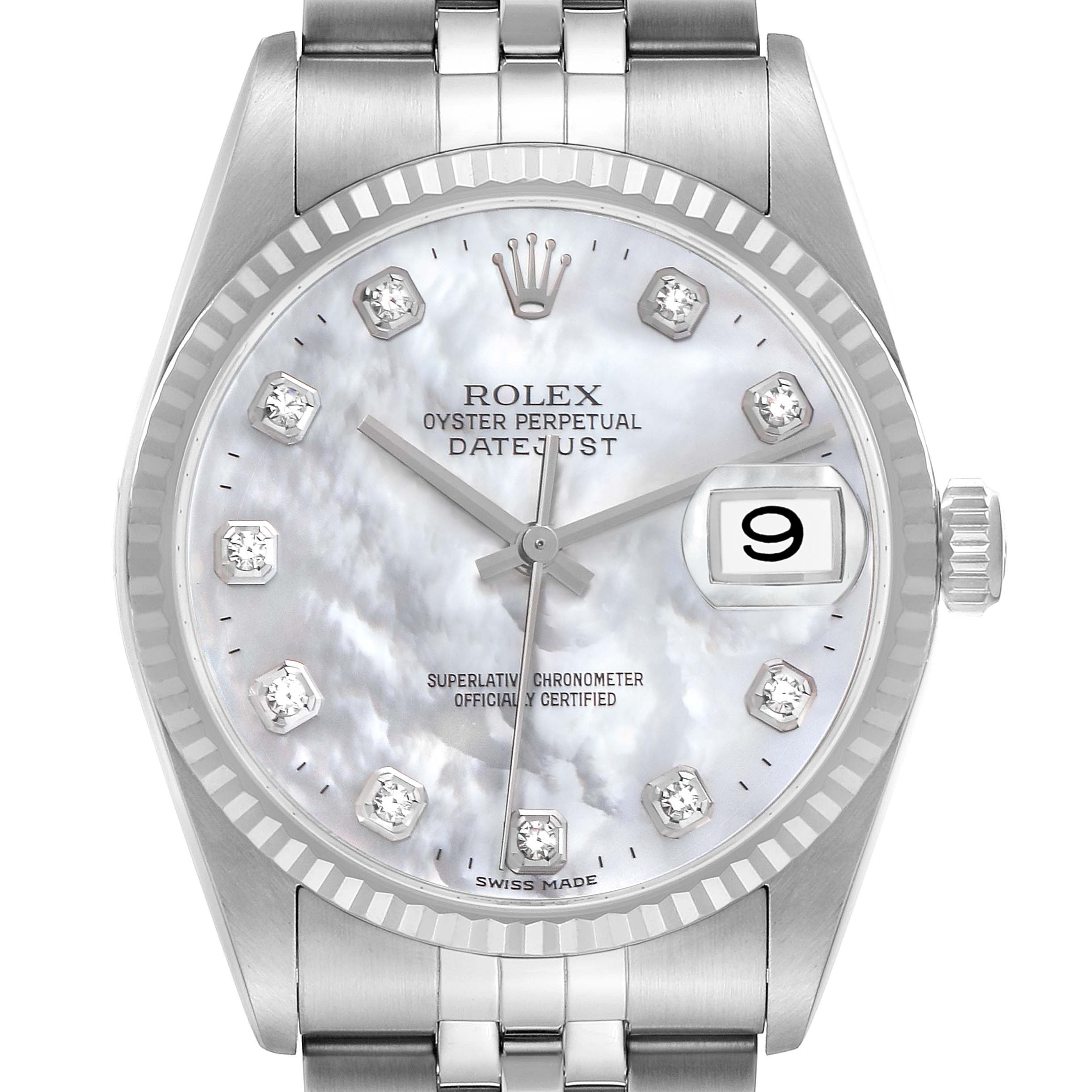 The Rolex Datejust 16234 Men's Stainless Steel Mother of Pearl Dial 16234 Men's Stainless Steel Mother of Pearl Dial watch is shown from a front angle, highlighting its face, bezel, and part of the bracelet.
