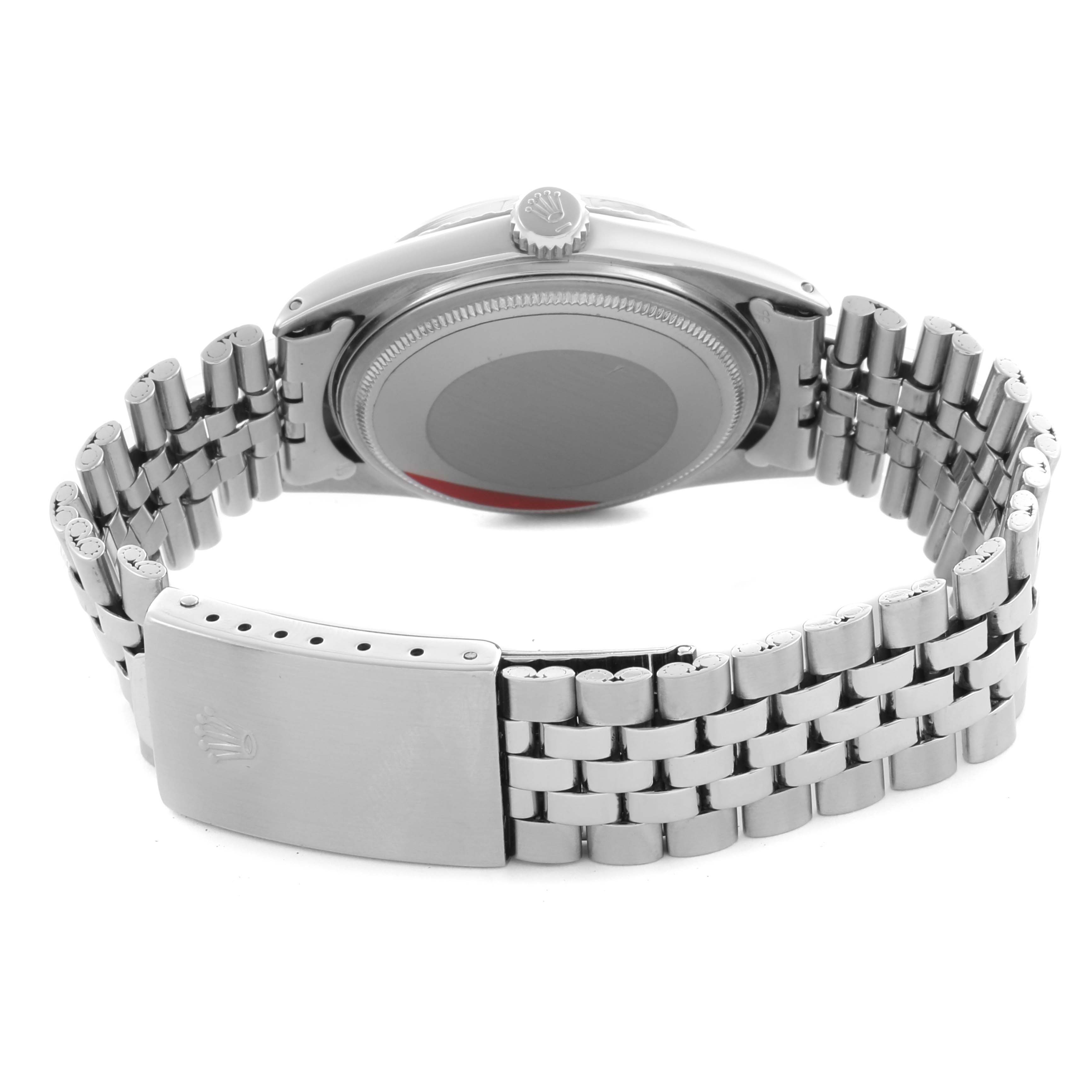 The image shows the back of a Rolex Datejust 1603 Men's Stainless Steel Silver Dial 1603 Men's Stainless Steel Silver Dial watch with its Jubilee bracelet and clasp in clear view.